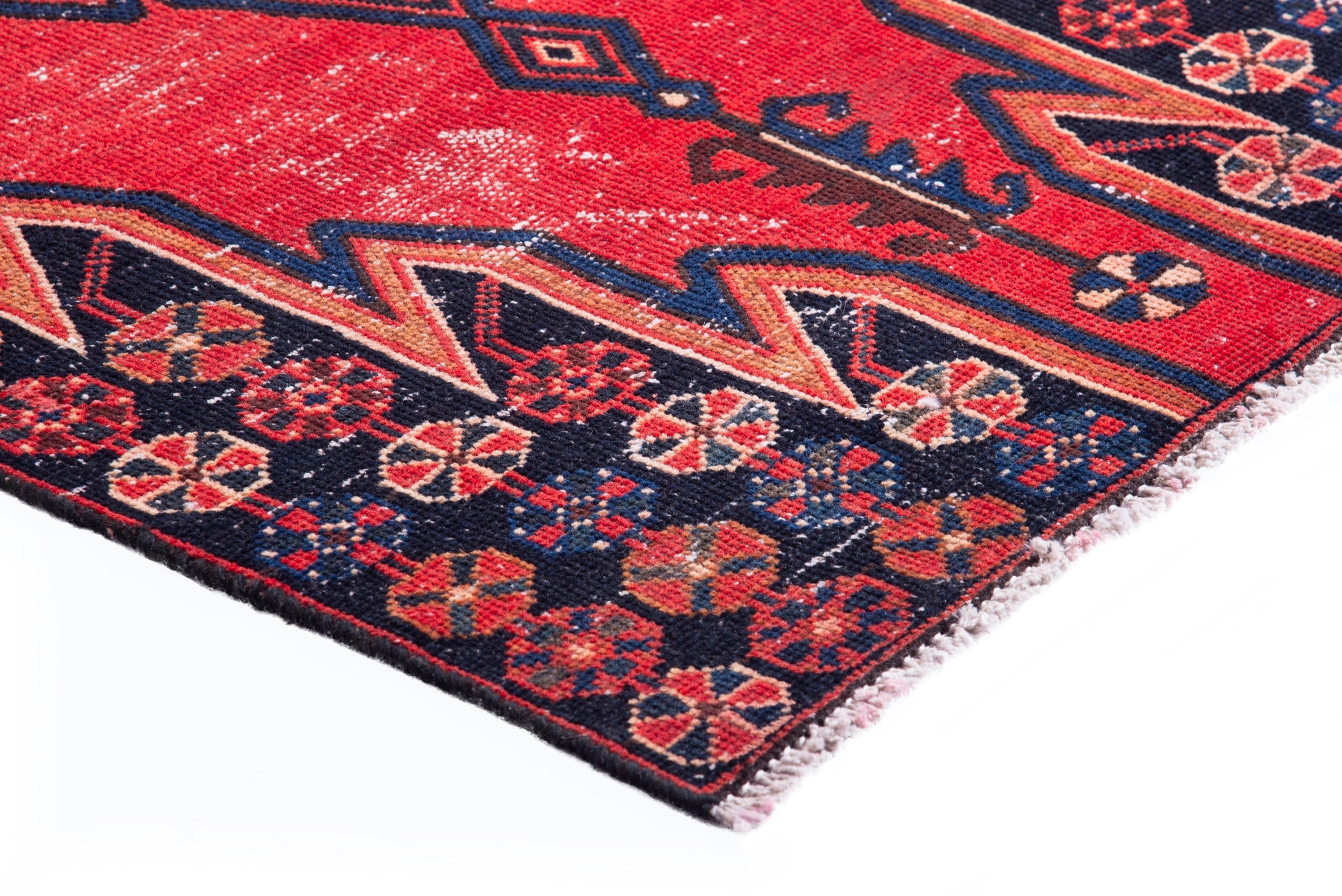 Persian Saveh accent rug in deep red and navy, view 6 of 17