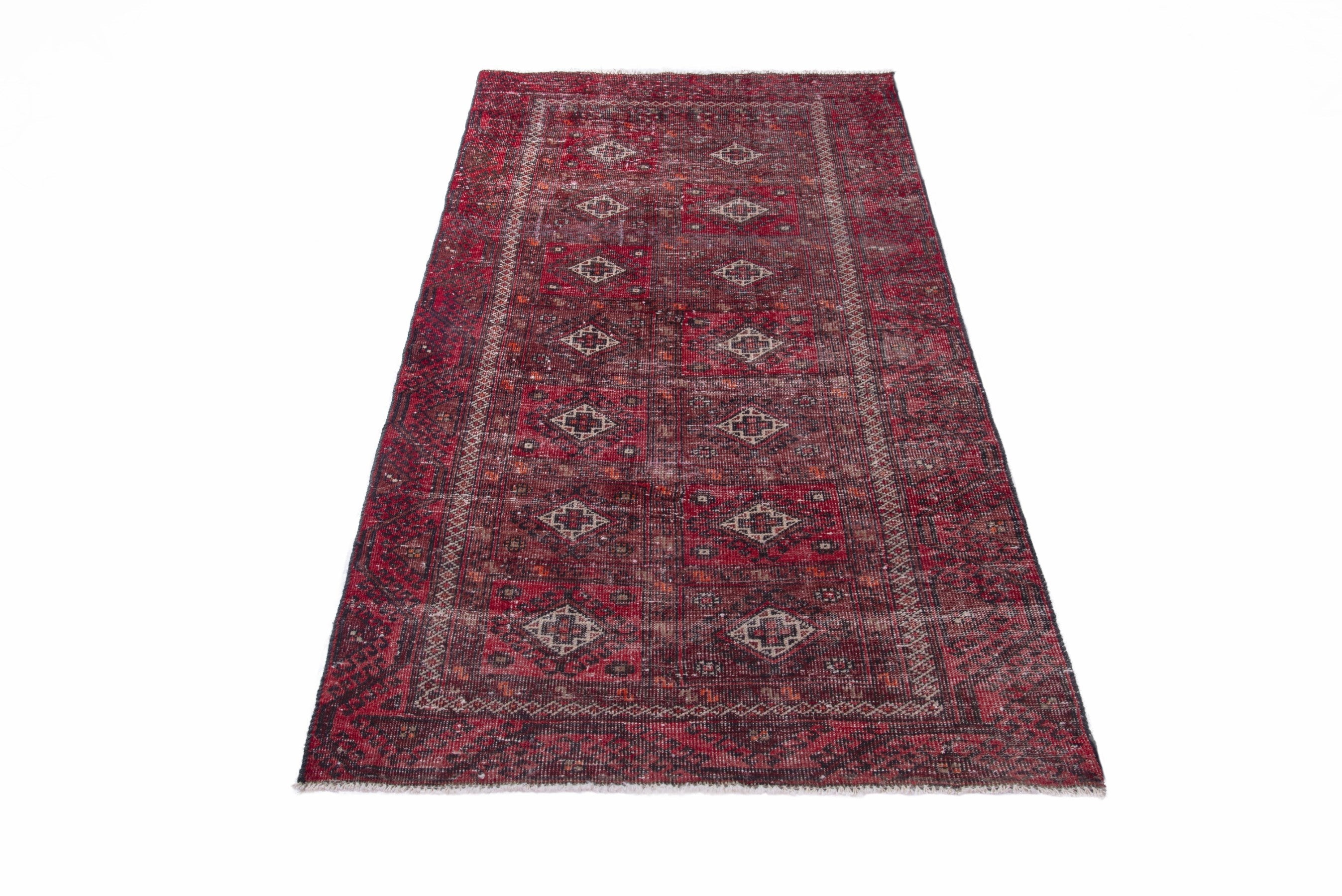 Persian Baluch runner rug in burgundy and faded red, view 3 of 17