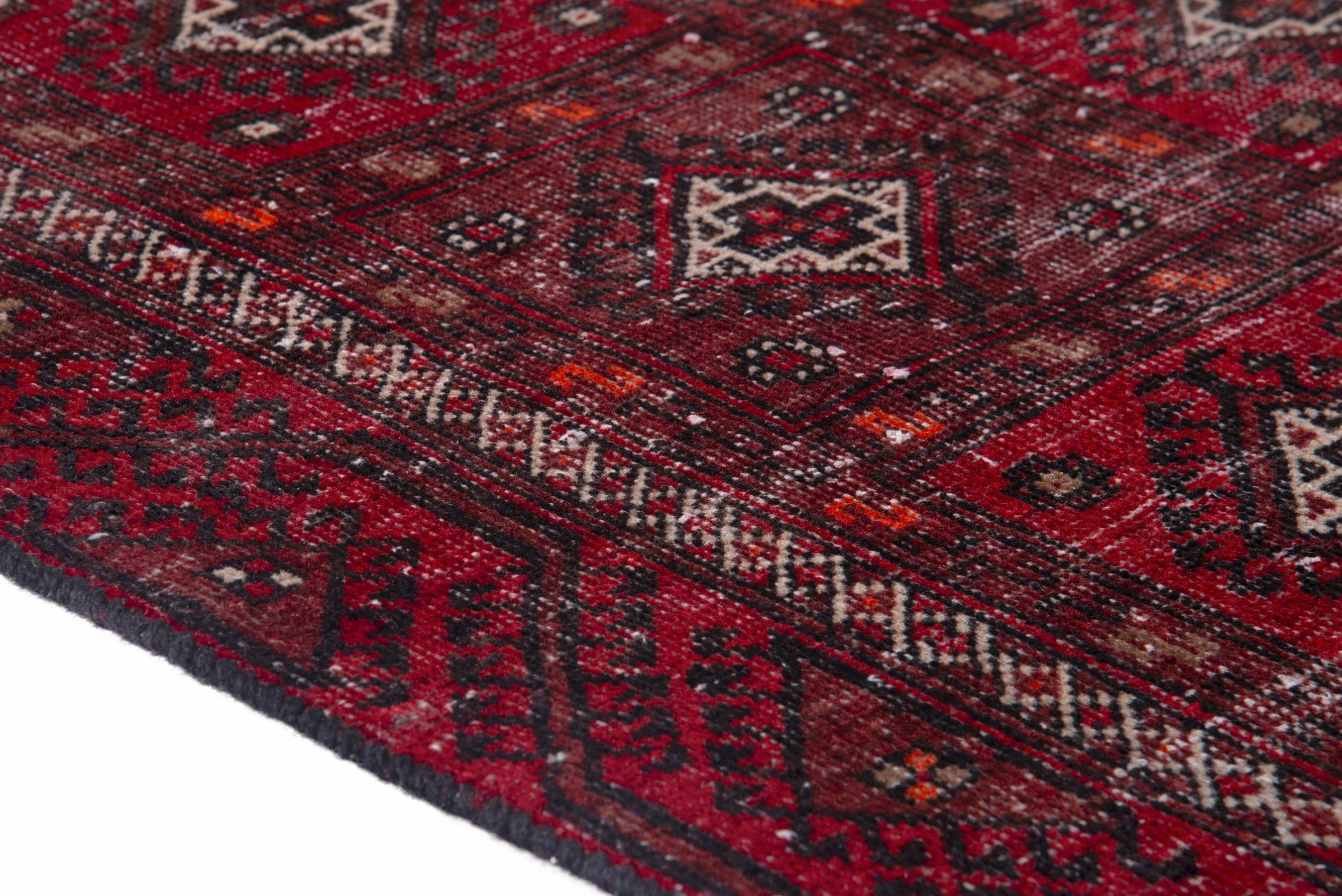 Persian Baluch runner rug in burgundy and faded red, view 8 of 17