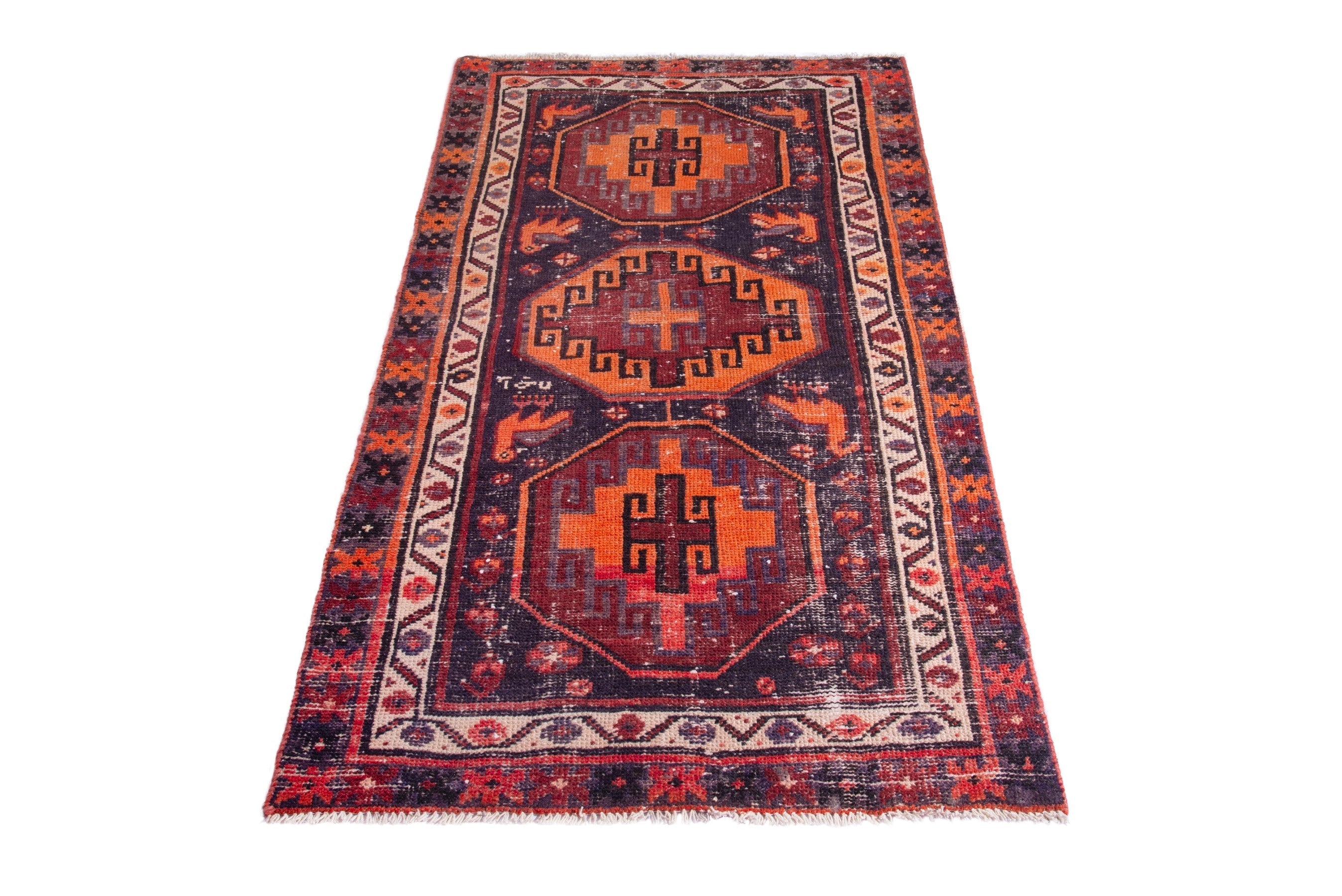 Persian Hamedan runner rug in burgundy and burnt orange, view 3 of 16