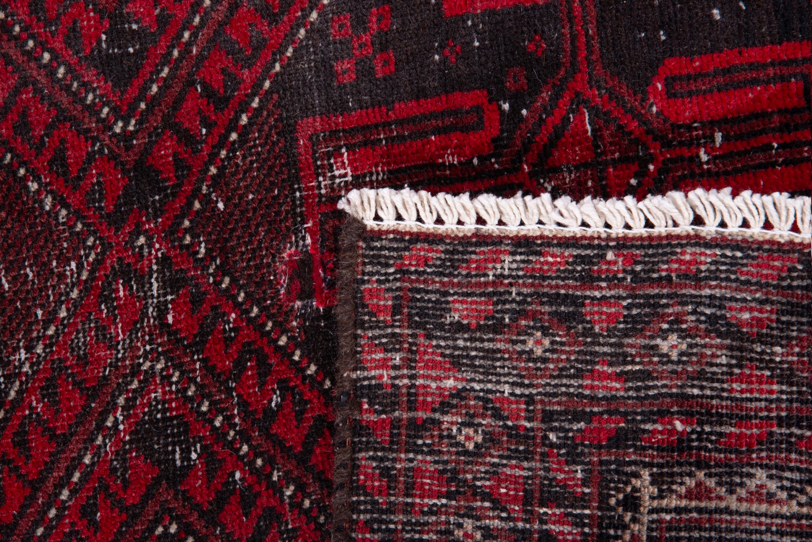 Persian Baluch runner rug in burgundy and deep red, view 16 of 16