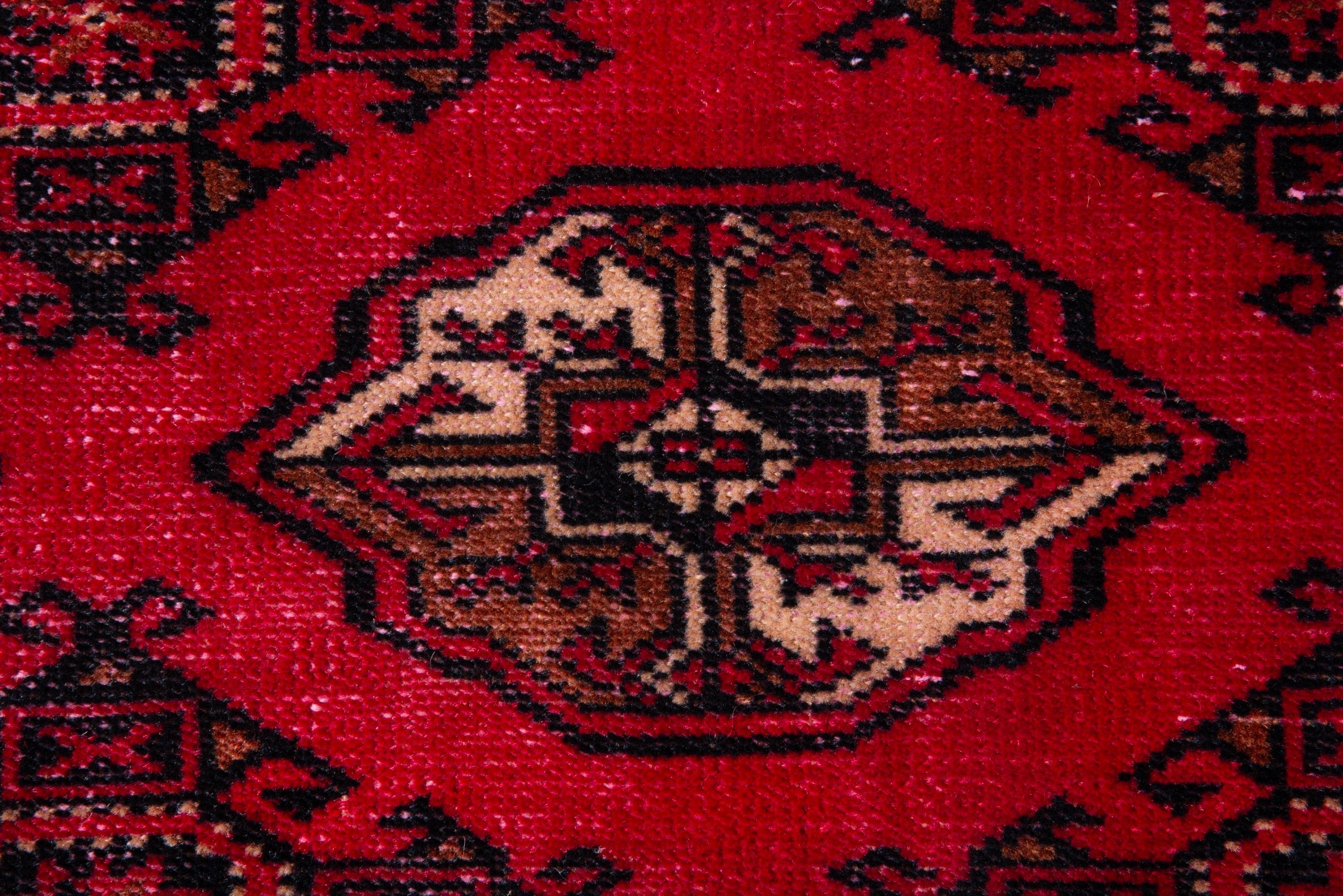Persian Torkaman accent rug in deep red and antique gold, view 11 of 17