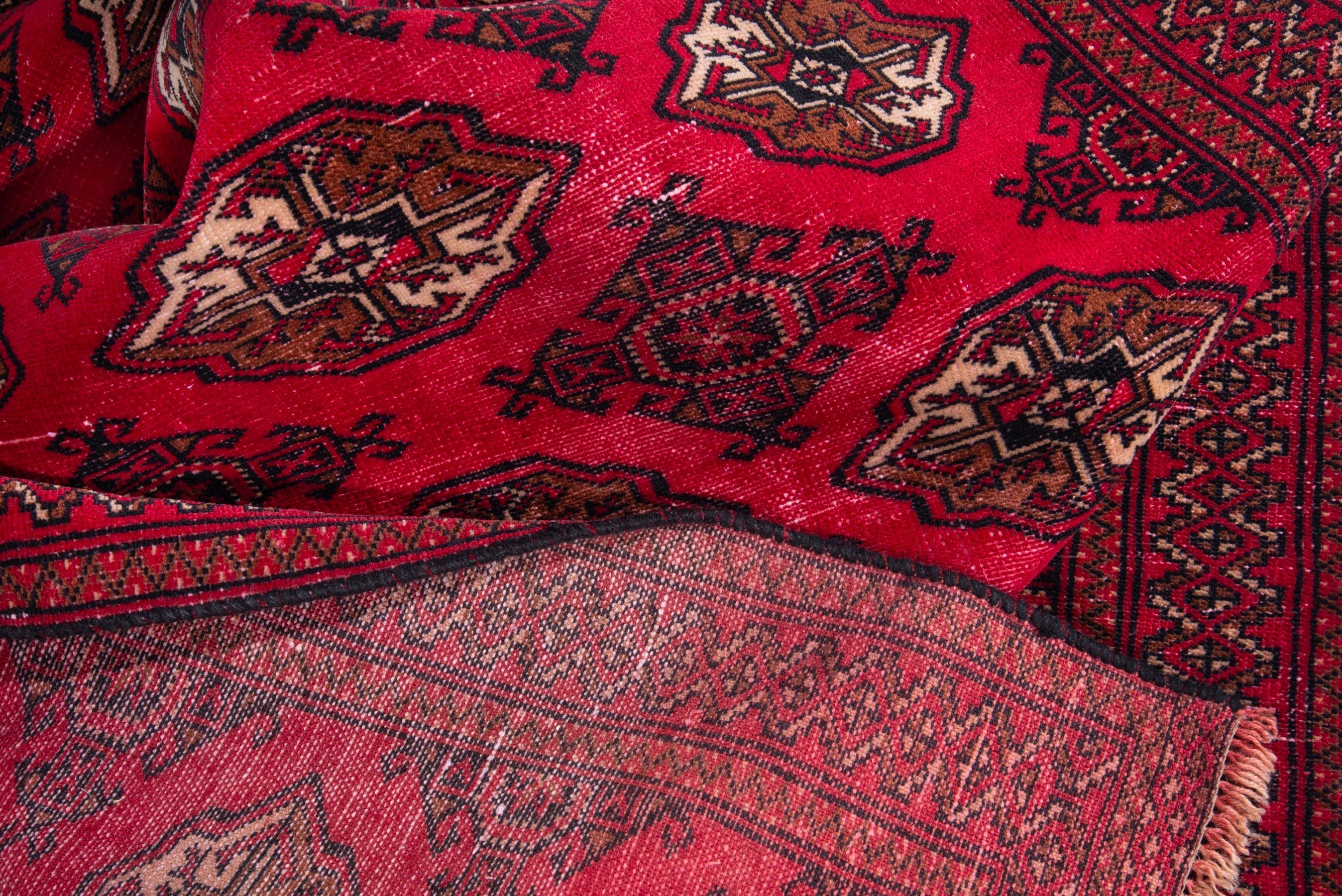 Persian Torkaman accent rug in deep red and antique gold, view 15 of 17