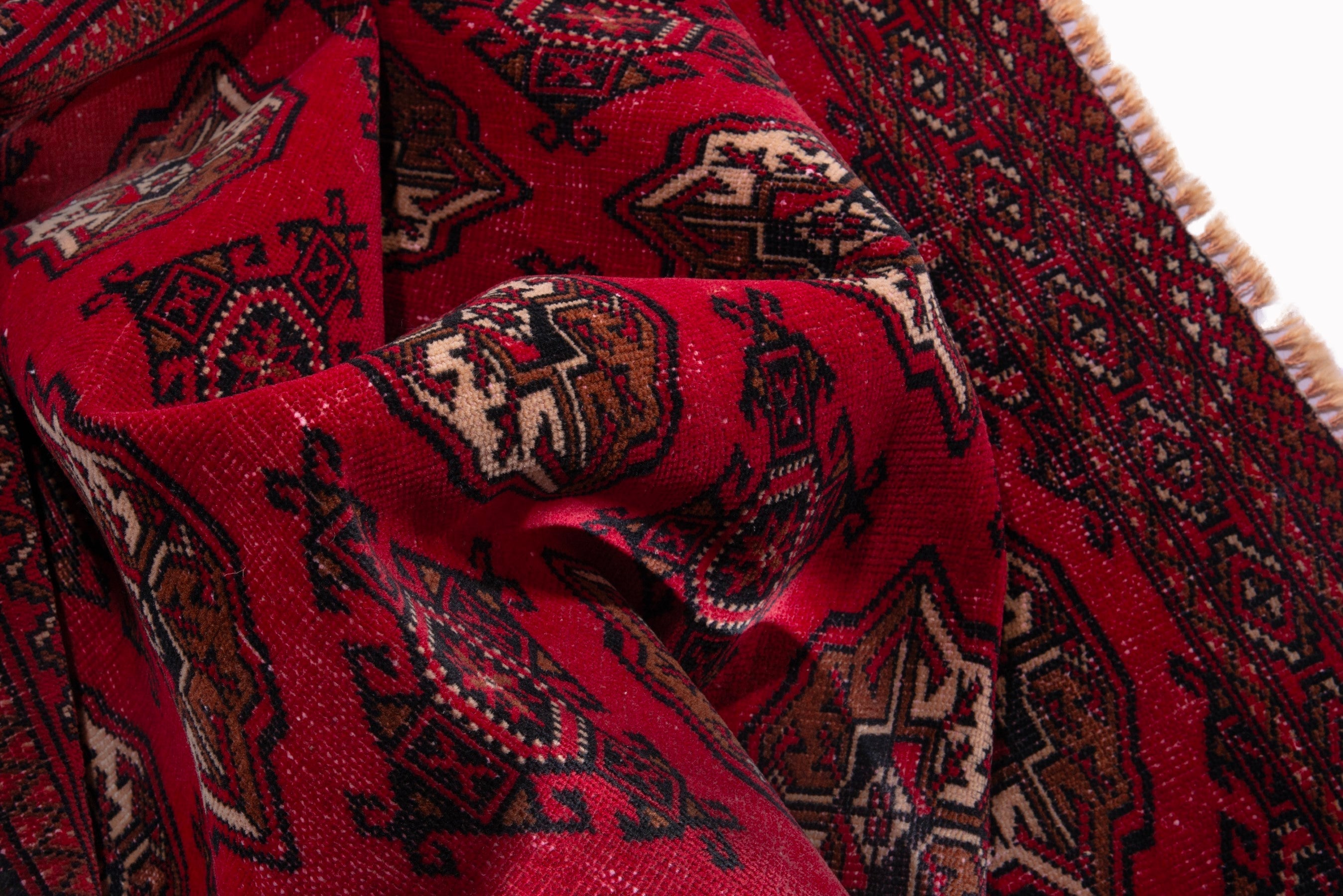 Persian Torkaman accent rug in deep red and antique gold, view 16 of 17