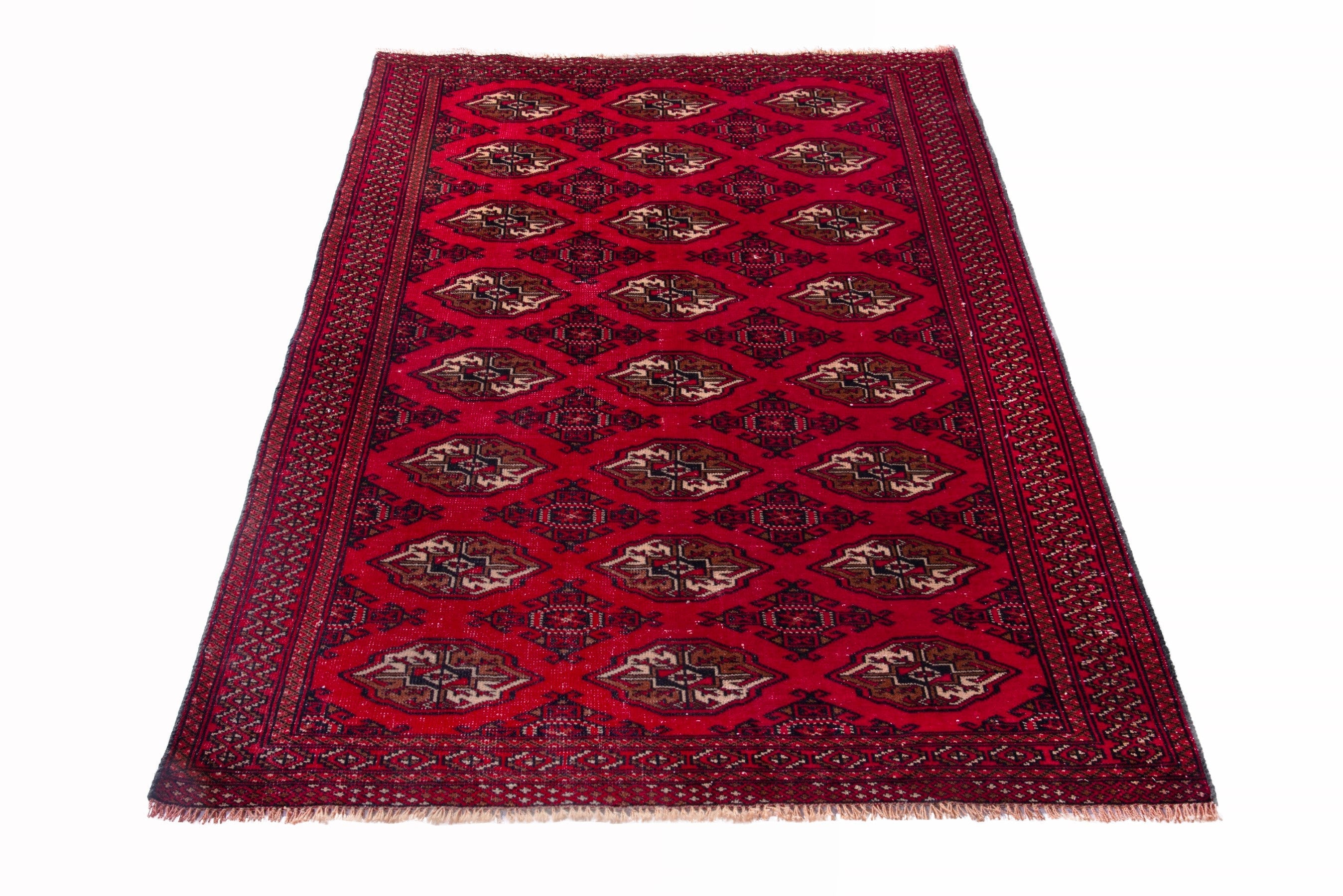 Persian Torkaman accent rug in deep red and antique gold, view 2 of 17