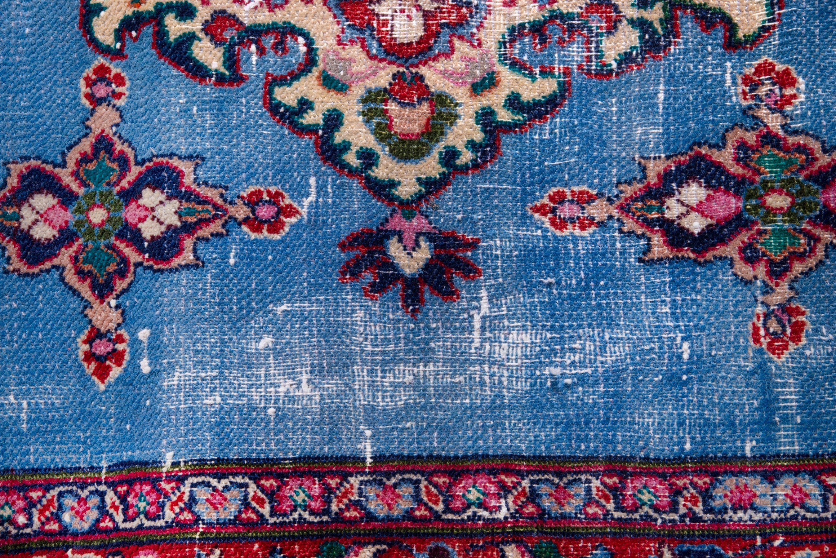 Persian Mashhad runner rug in powder blue and burgundy, view 11 of 17
