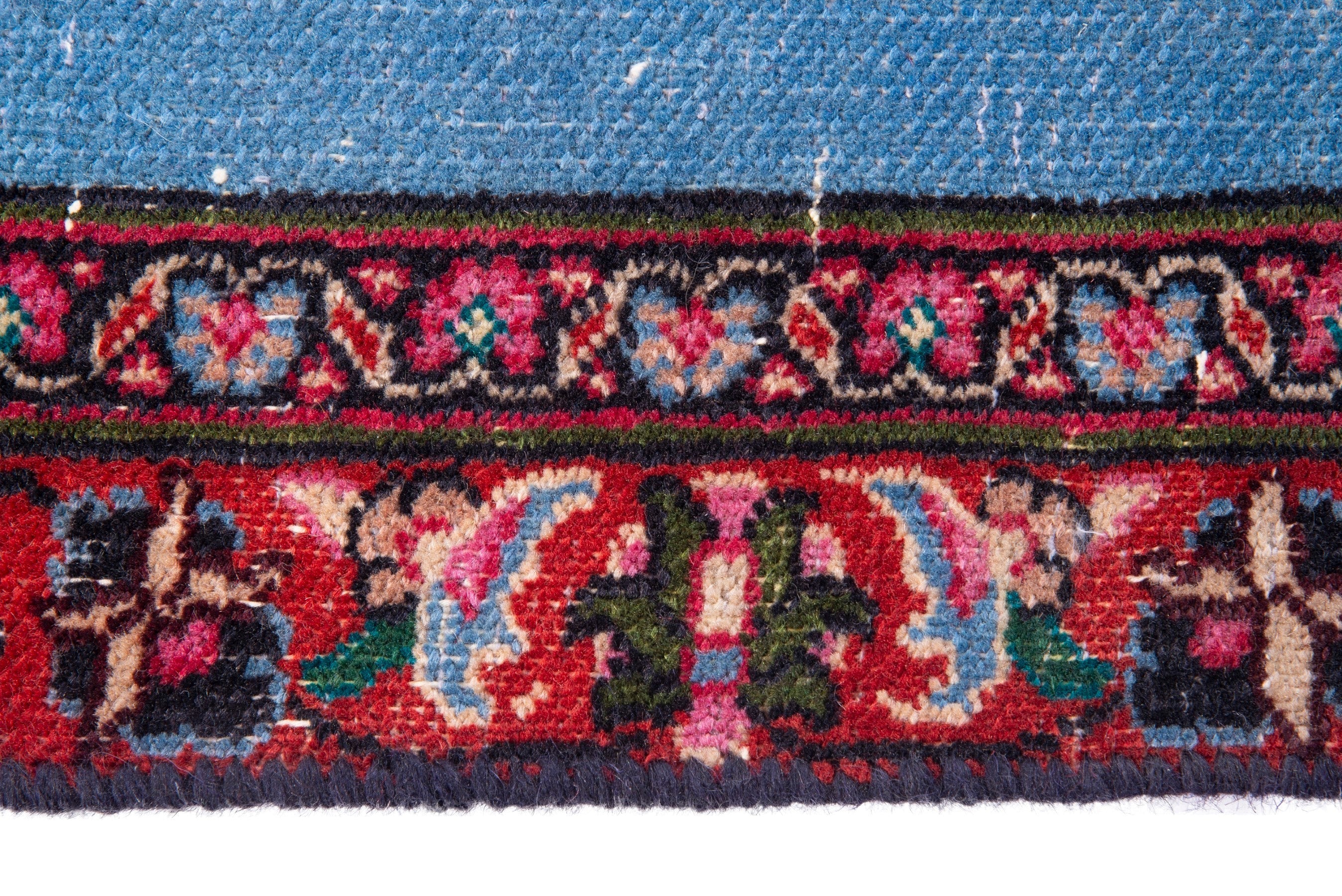 Persian Mashhad runner rug in powder blue and burgundy, view 9 of 17