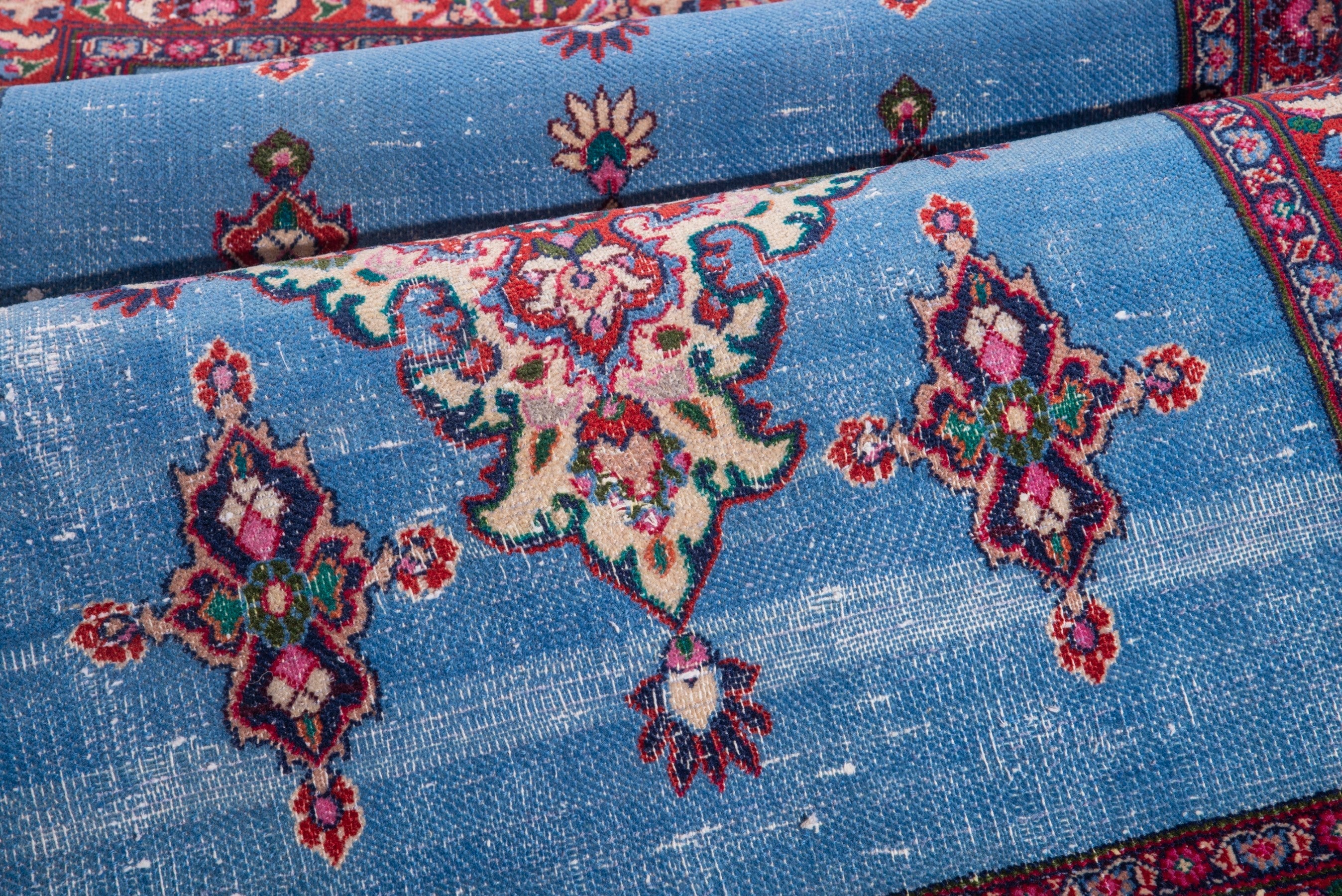 Persian Mashhad runner rug in powder blue and burgundy, view 14 of 17