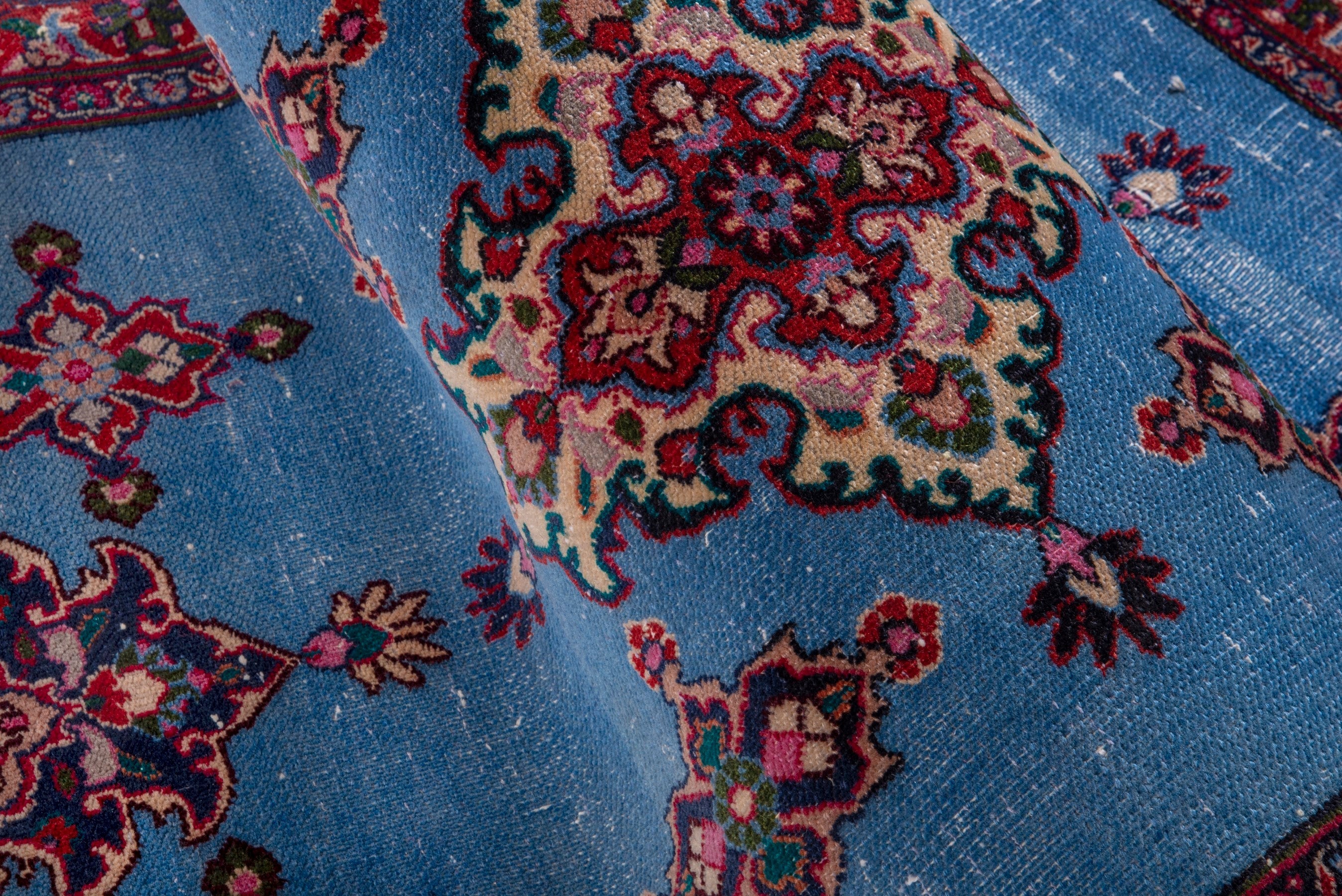 Persian Mashhad runner rug in powder blue and burgundy, view 16 of 17