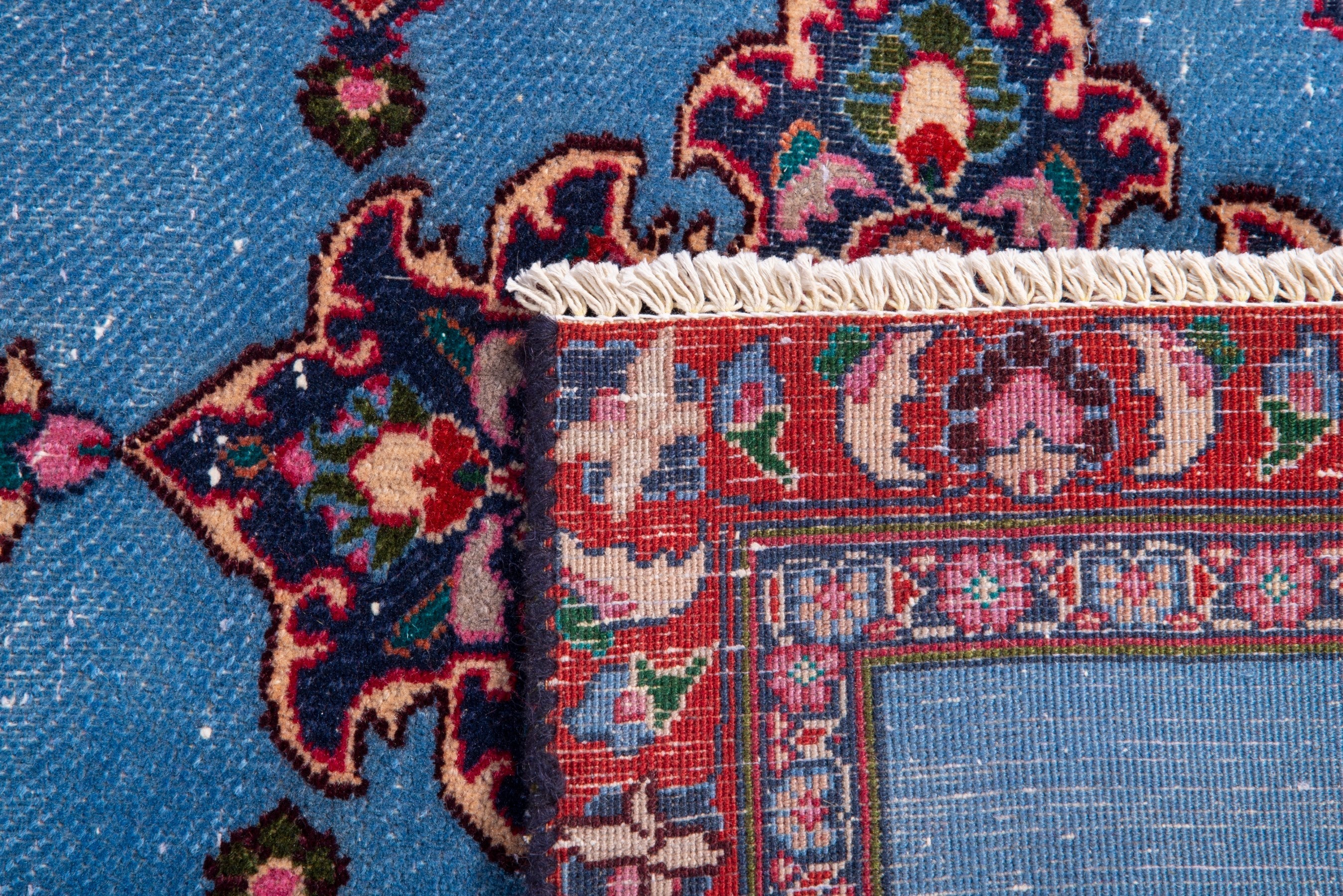 Persian Mashhad runner rug in powder blue and burgundy, view 17 of 17