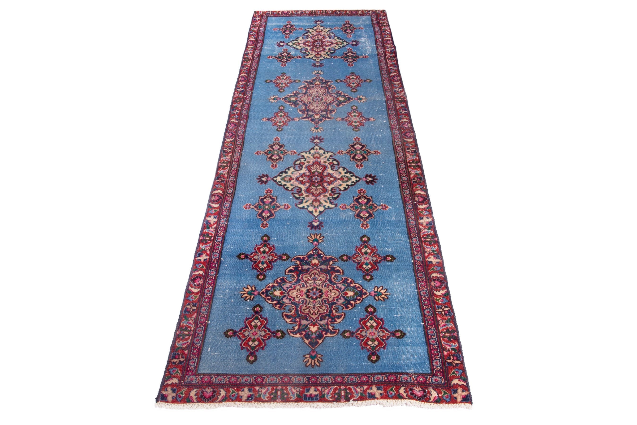 Persian Mashhad runner rug in powder blue and burgundy, view 2 of 17