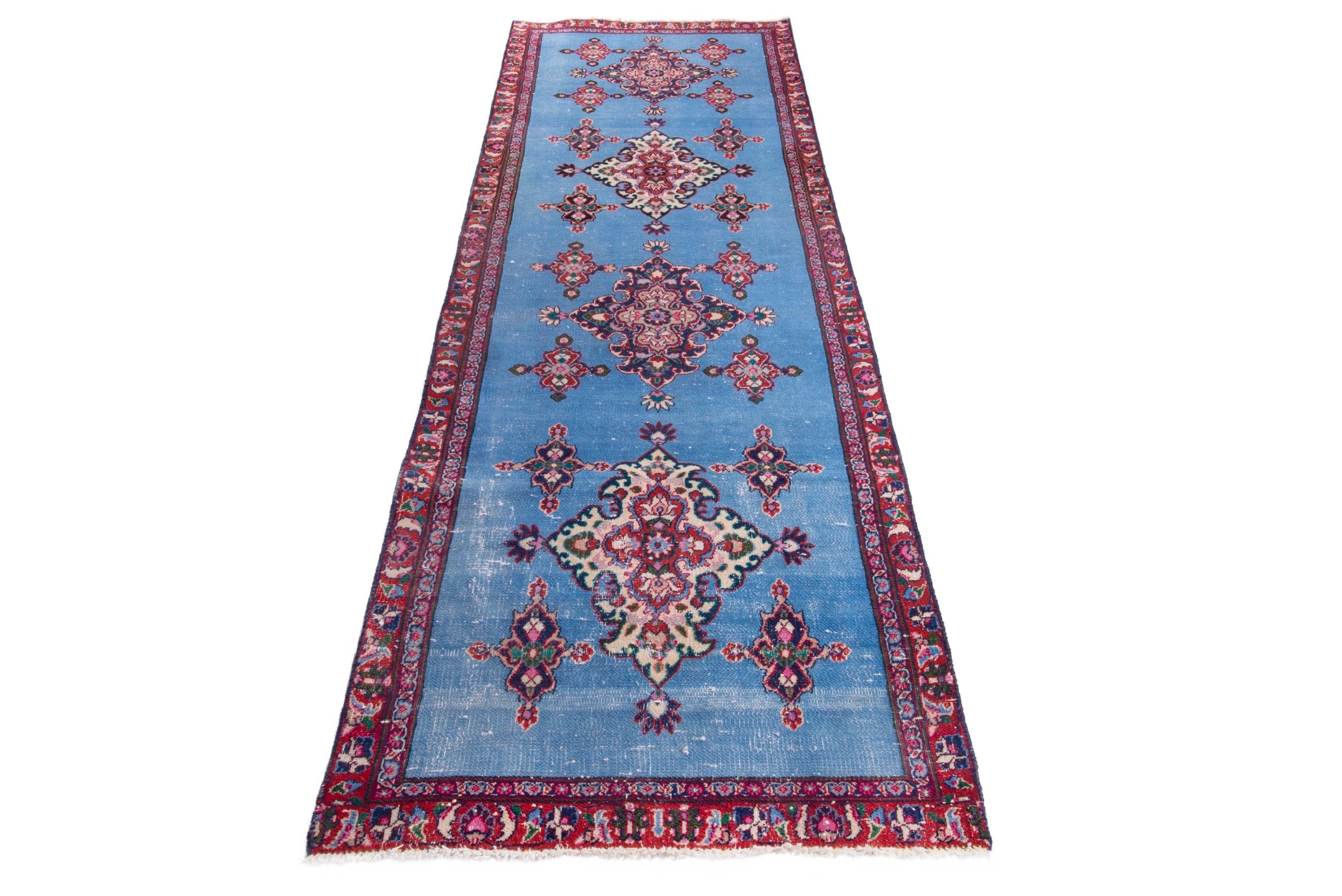Persian Mashhad runner rug in powder blue and burgundy, view 3 of 17