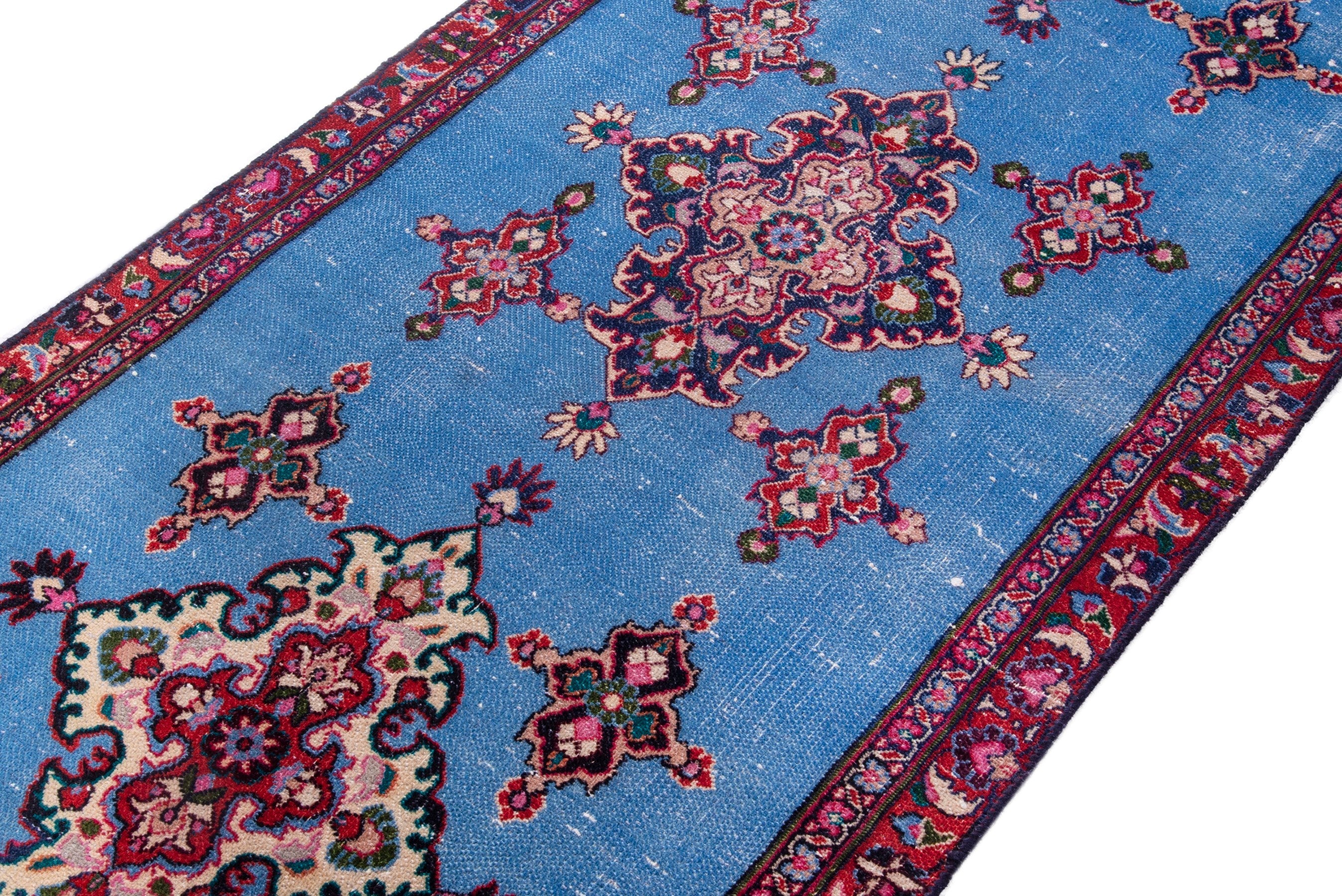 Persian Mashhad runner rug in powder blue and burgundy, view 4 of 17