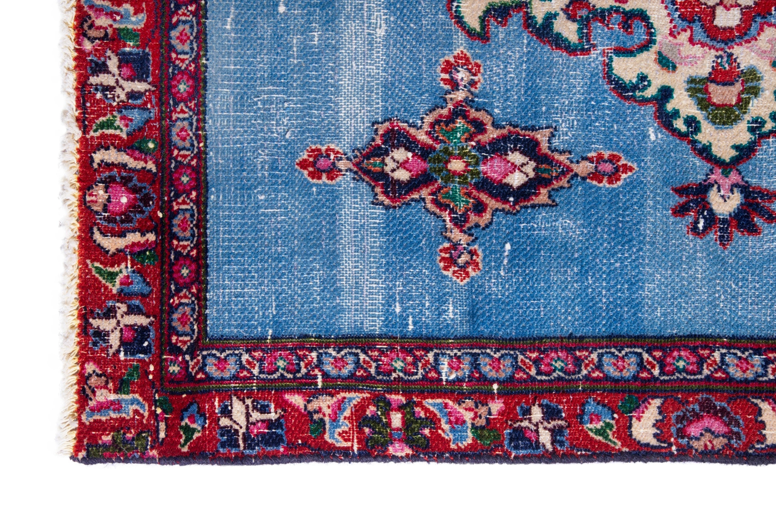 Persian Mashhad runner rug in powder blue and burgundy, view 5 of 17