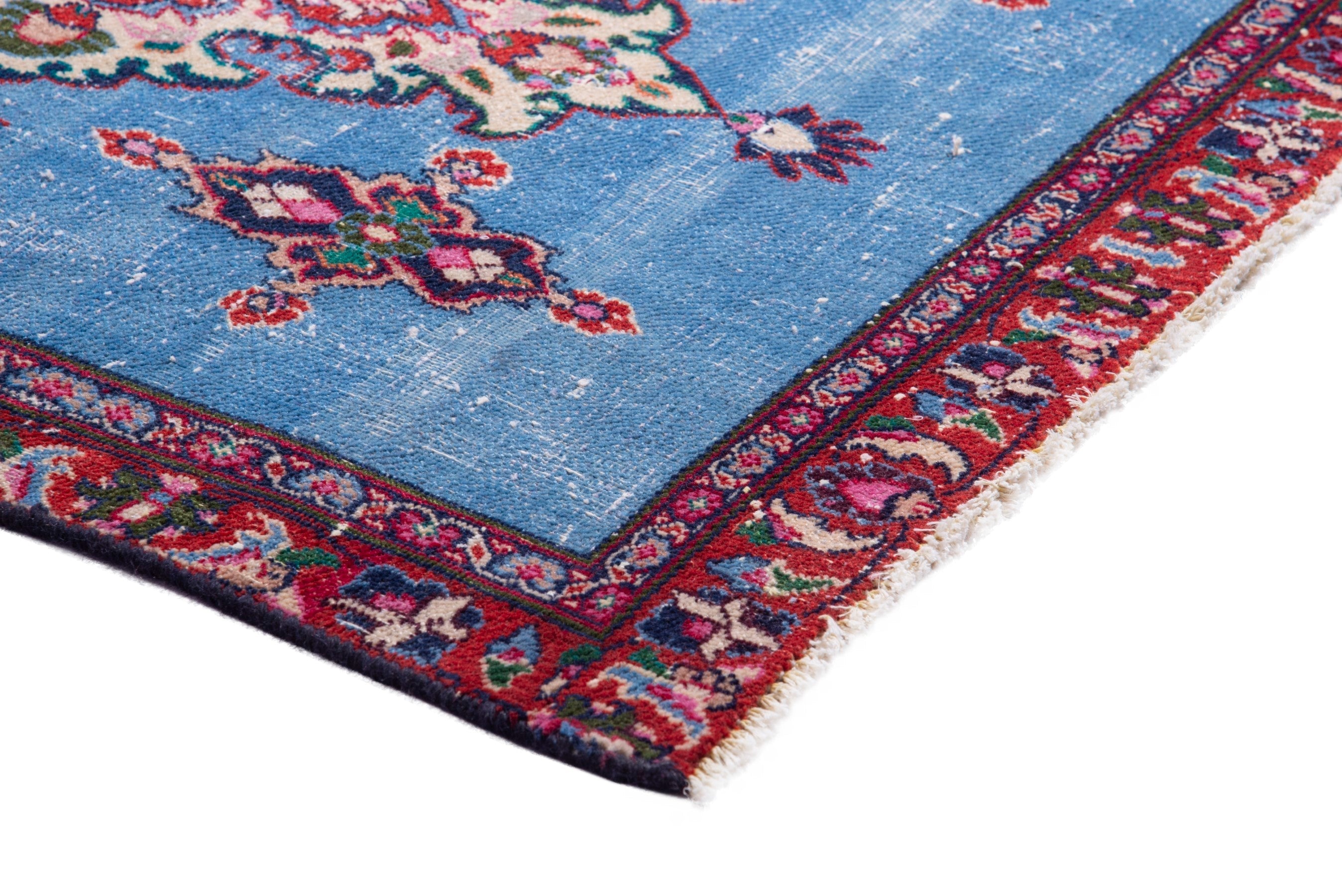 Persian Mashhad runner rug in powder blue and burgundy, view 6 of 17