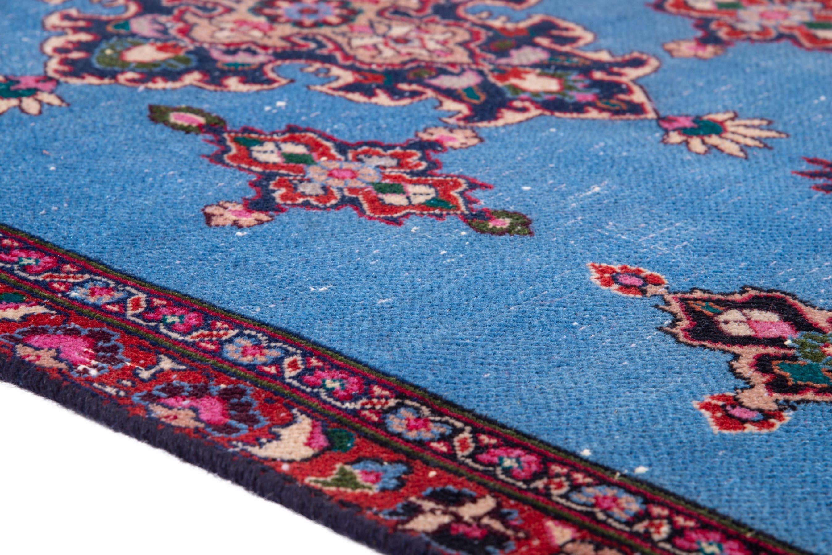 Persian Mashhad runner rug in powder blue and burgundy, view 8 of 17