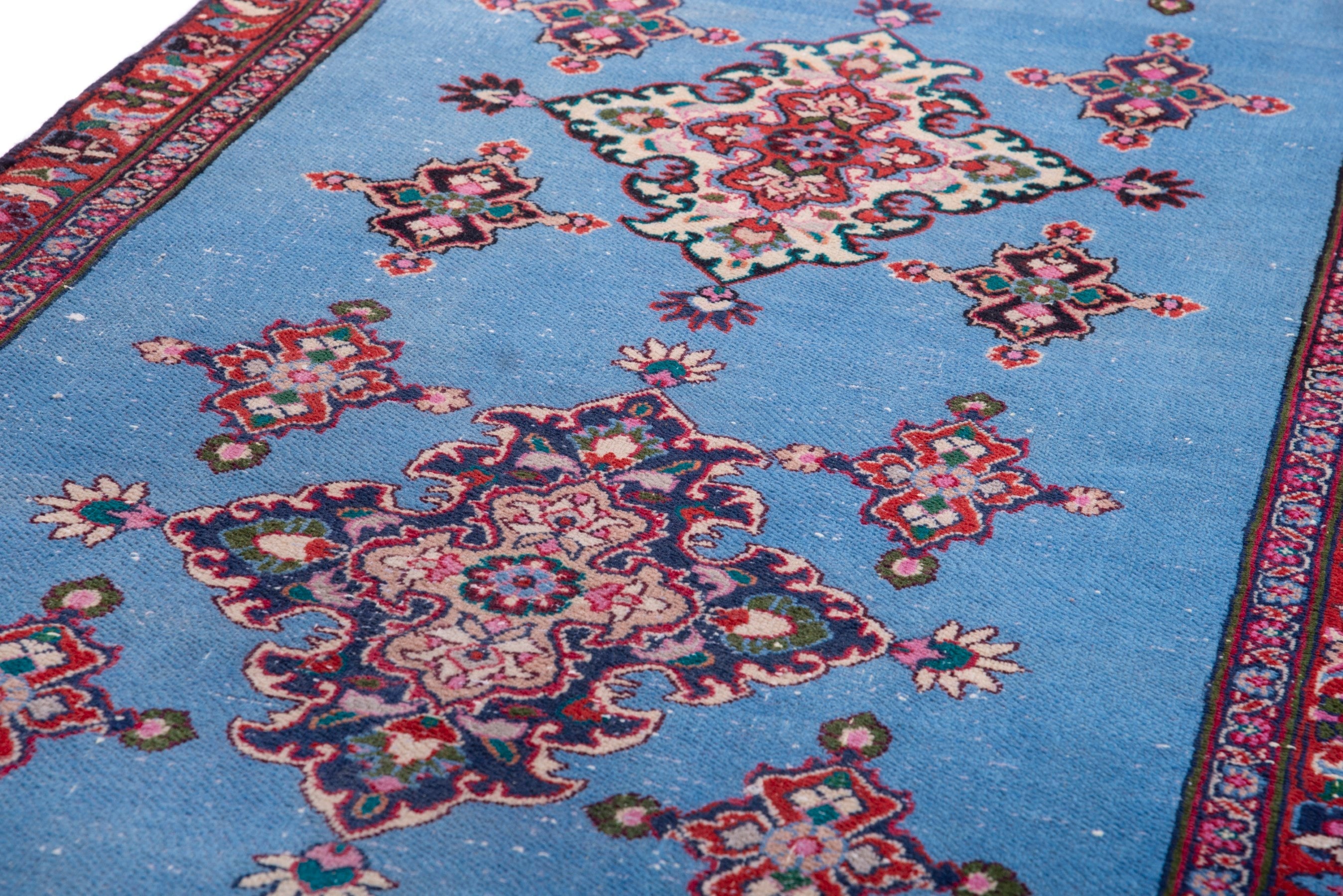 Persian Mashhad runner rug in powder blue and burgundy, view 10 of 17