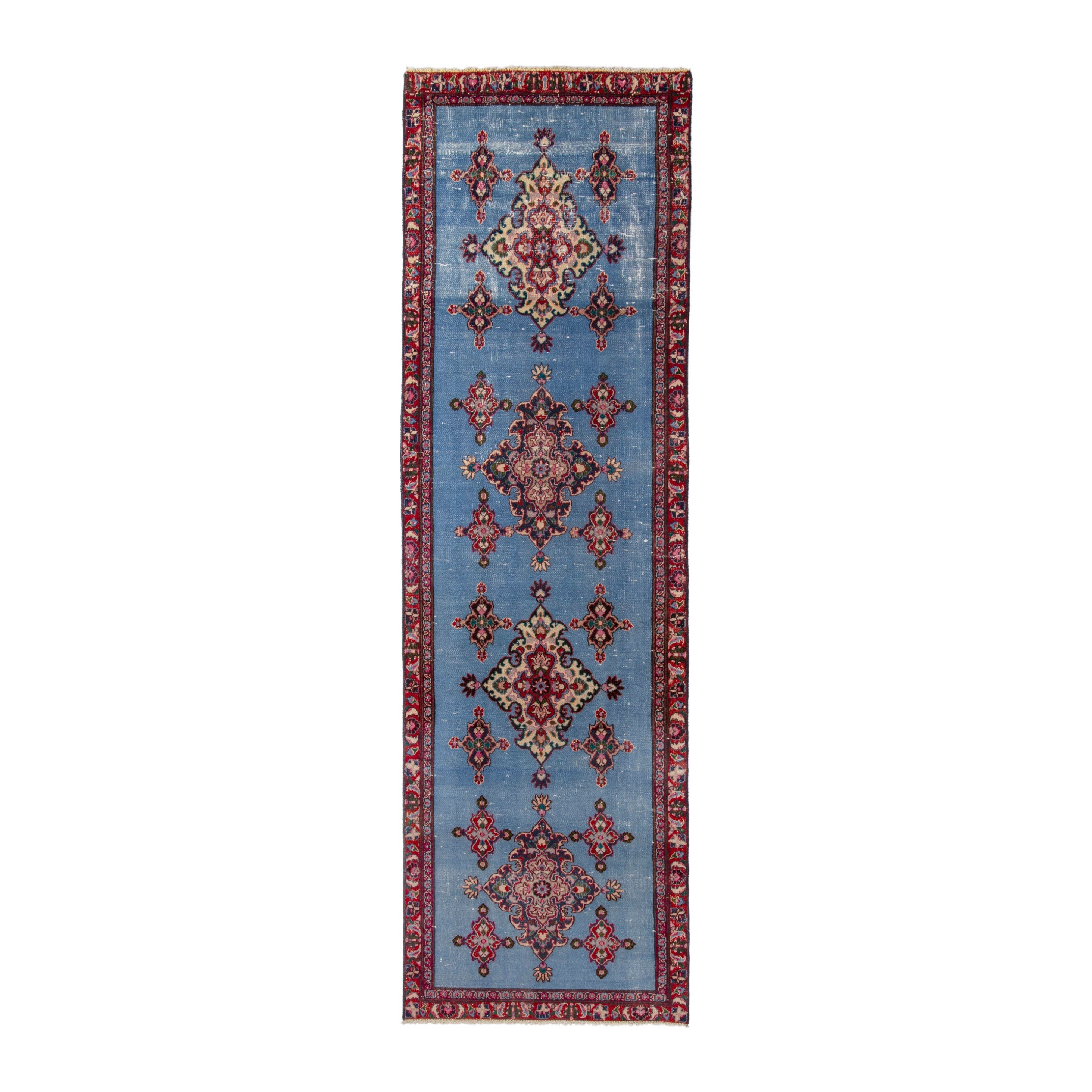 Persian Mashhad runner rug in powder blue and burgundy, 2'11" x 9'6"