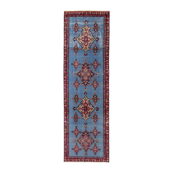 Persian Mashhad runner rug in powder blue and burgundy, 2'11" x 9'6"