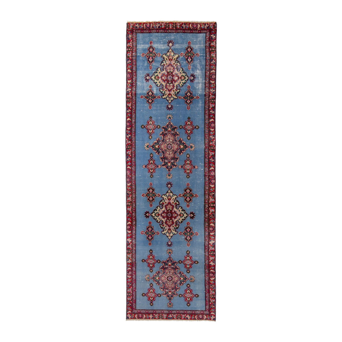 Persian Mashhad runner rug in powder blue and burgundy, 2'11" x 9'6"