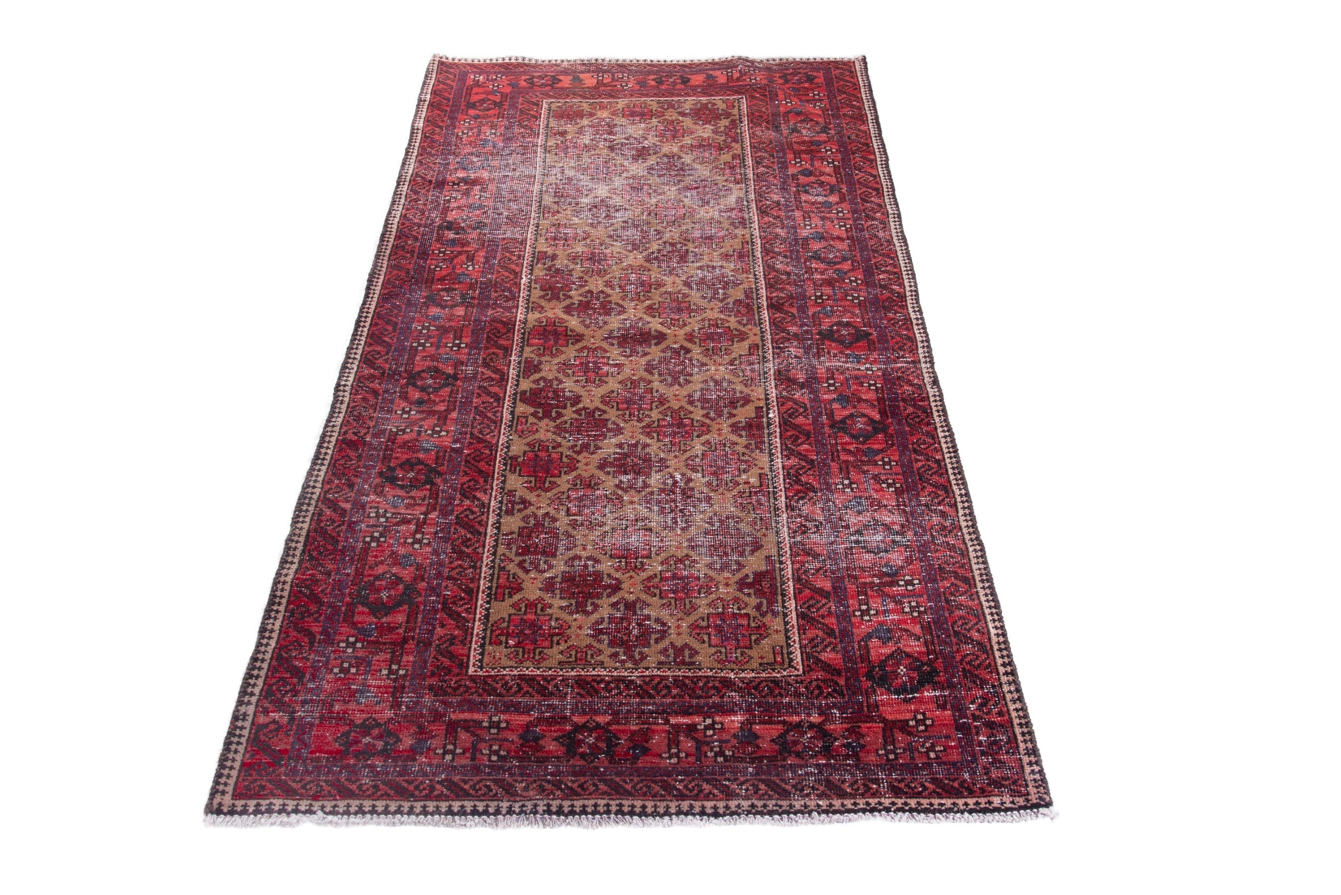 Persian Baluch runner rug in deep red and faded red, view 3 of 16