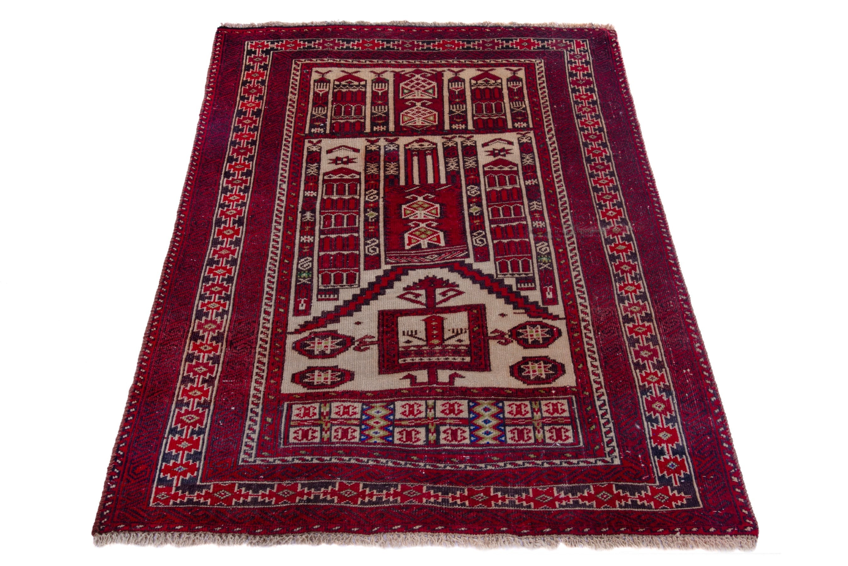 Persian Baluch accent rug in burgundy and cream, view 2 of 16
