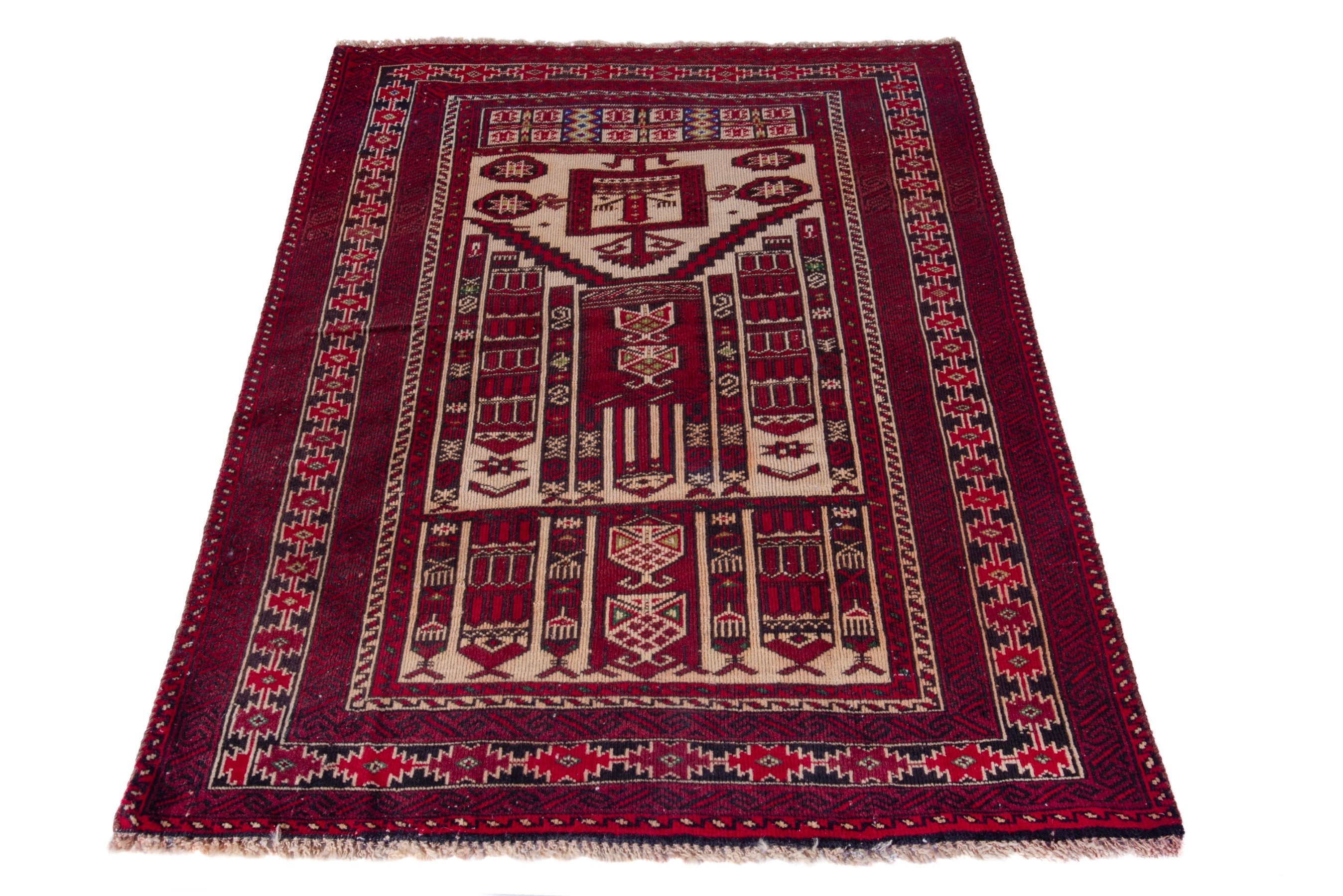 Persian Baluch accent rug in burgundy and cream, view 3 of 16