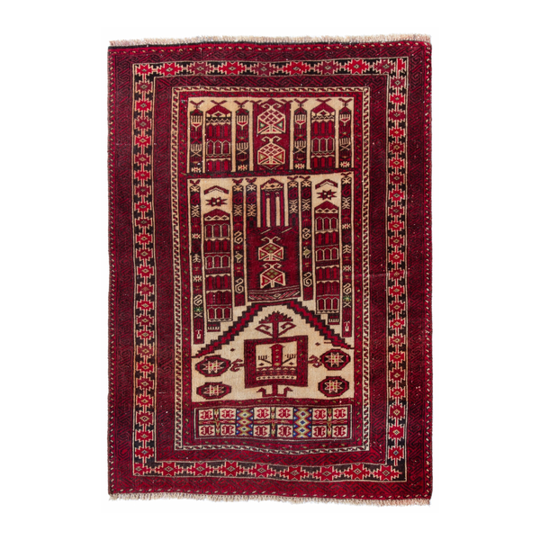 Persian Baluch accent rug in burgundy and cream, 2'11" x 4'2"