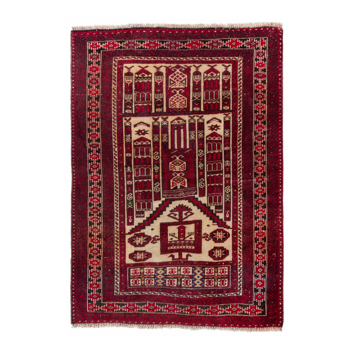 Persian Baluch accent rug in burgundy and cream, 2'11" x 4'2"