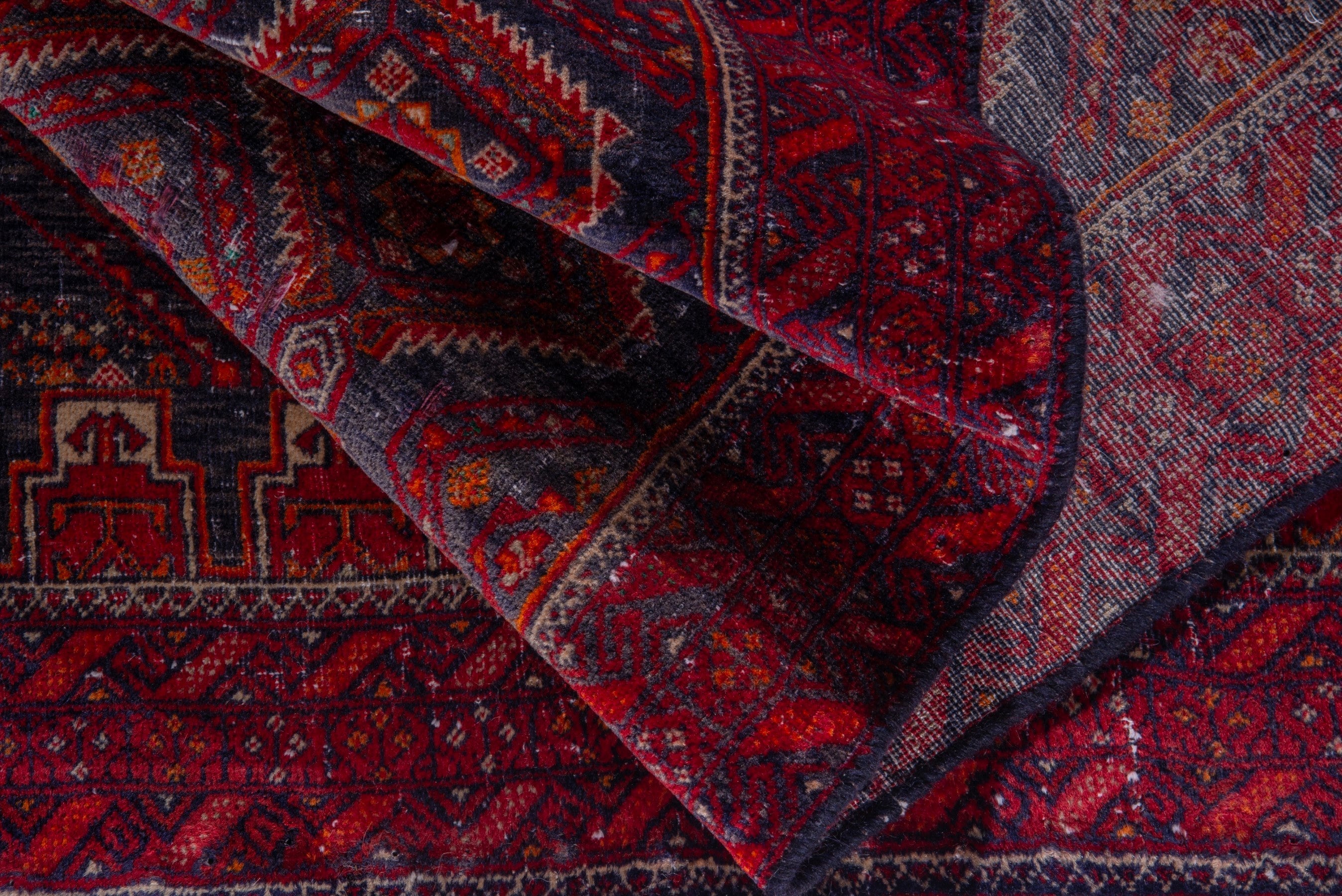 Persian Baluch accent rug in deep red and dark blue, view 12 of 15