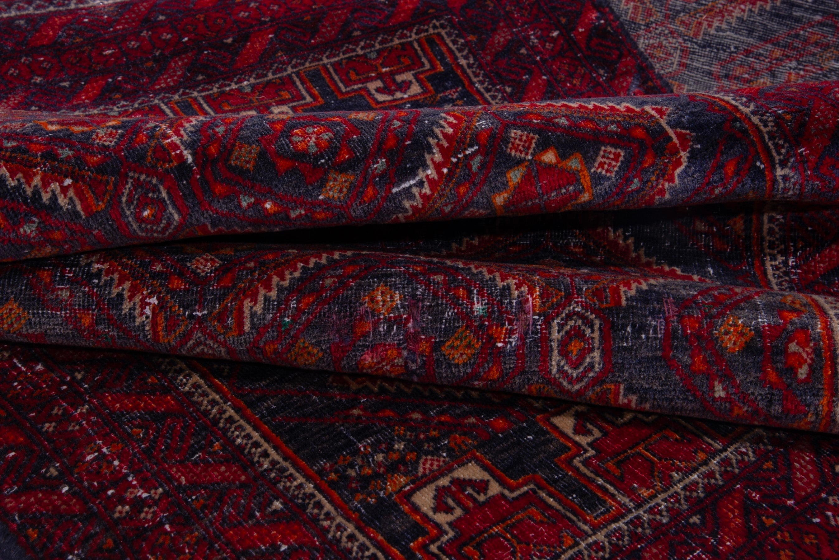 Persian Baluch accent rug in deep red and dark blue, view 14 of 15
