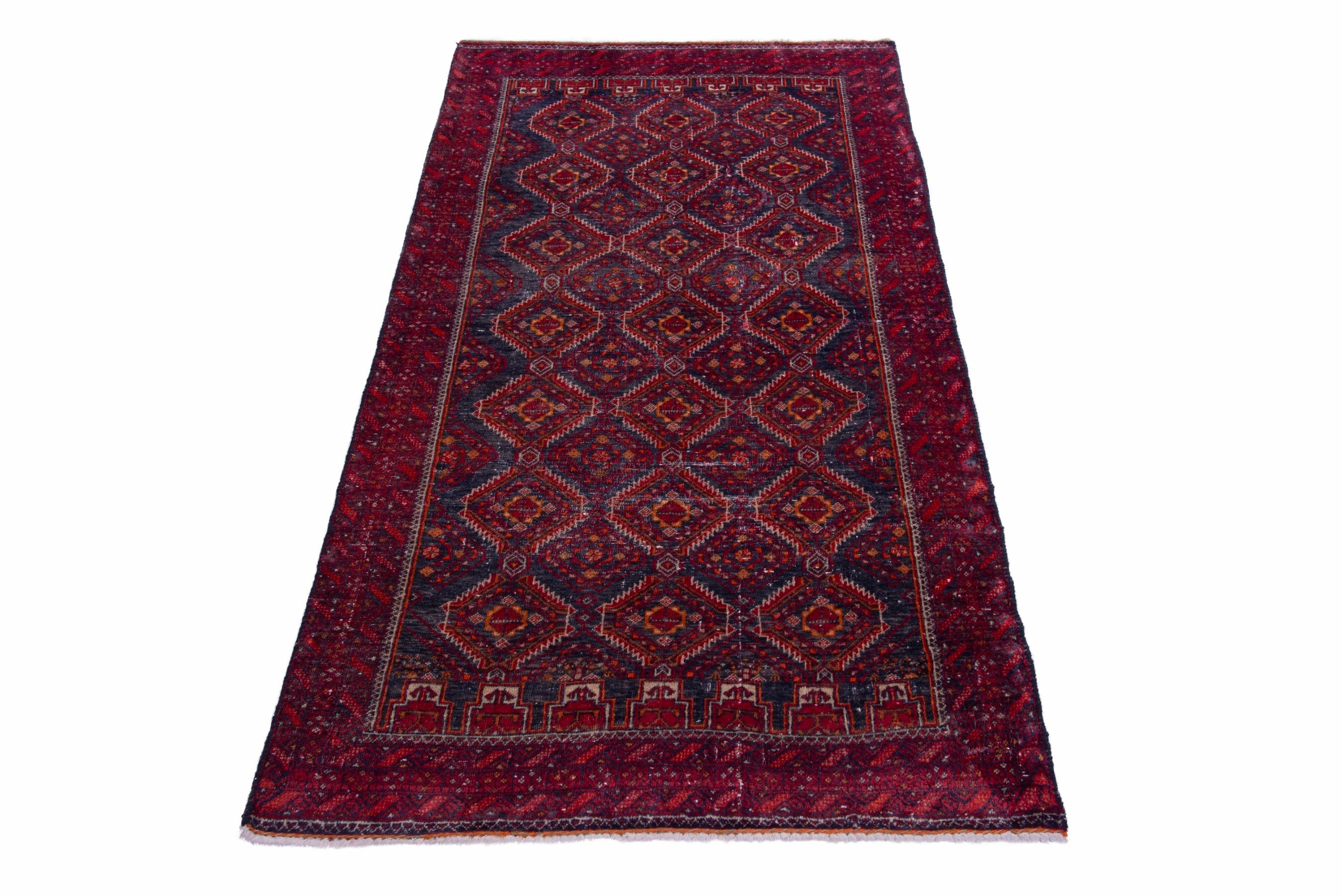Persian Baluch accent rug in deep red and dark blue, view 2 of 15