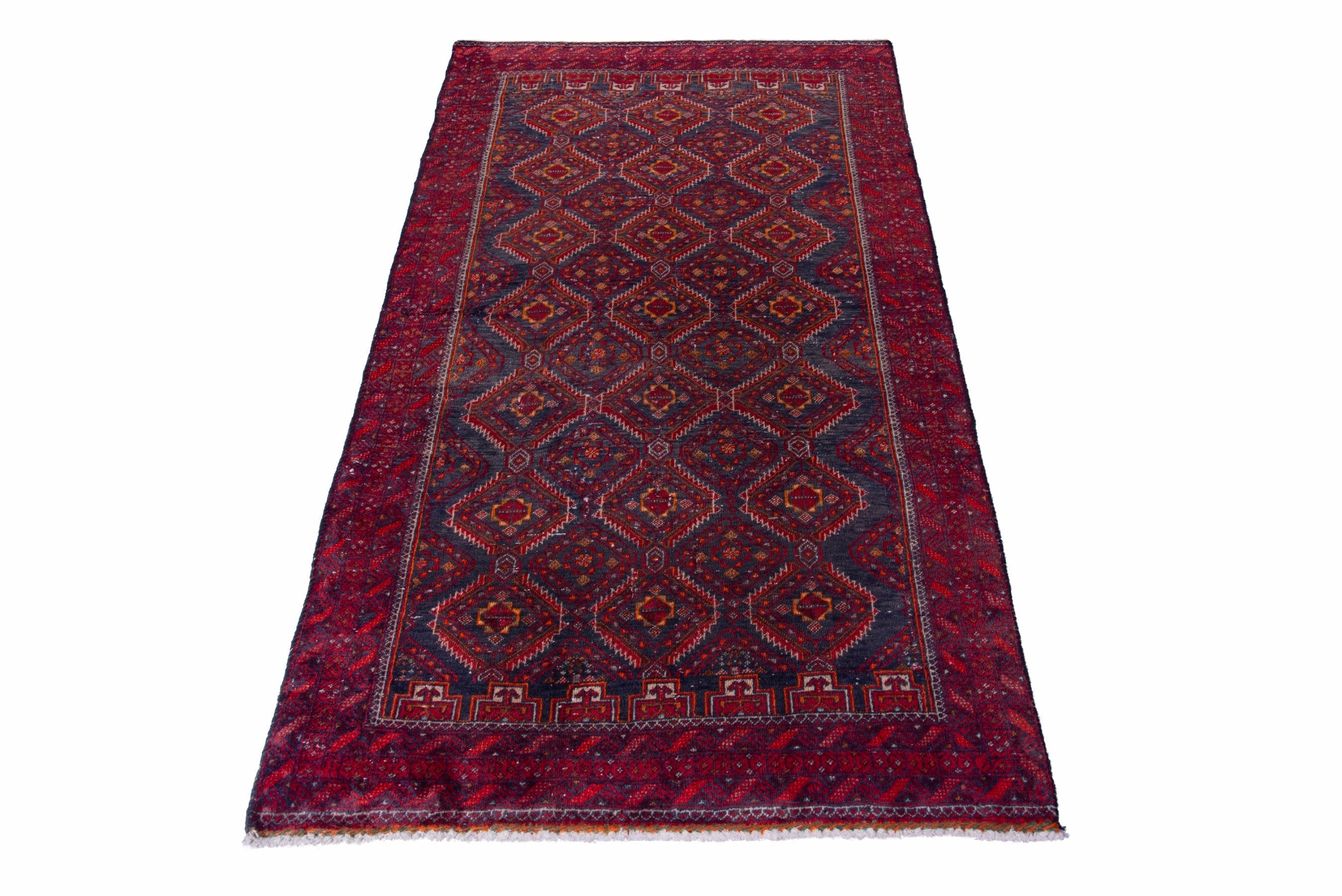 Persian Baluch accent rug in deep red and dark blue, view 3 of 15