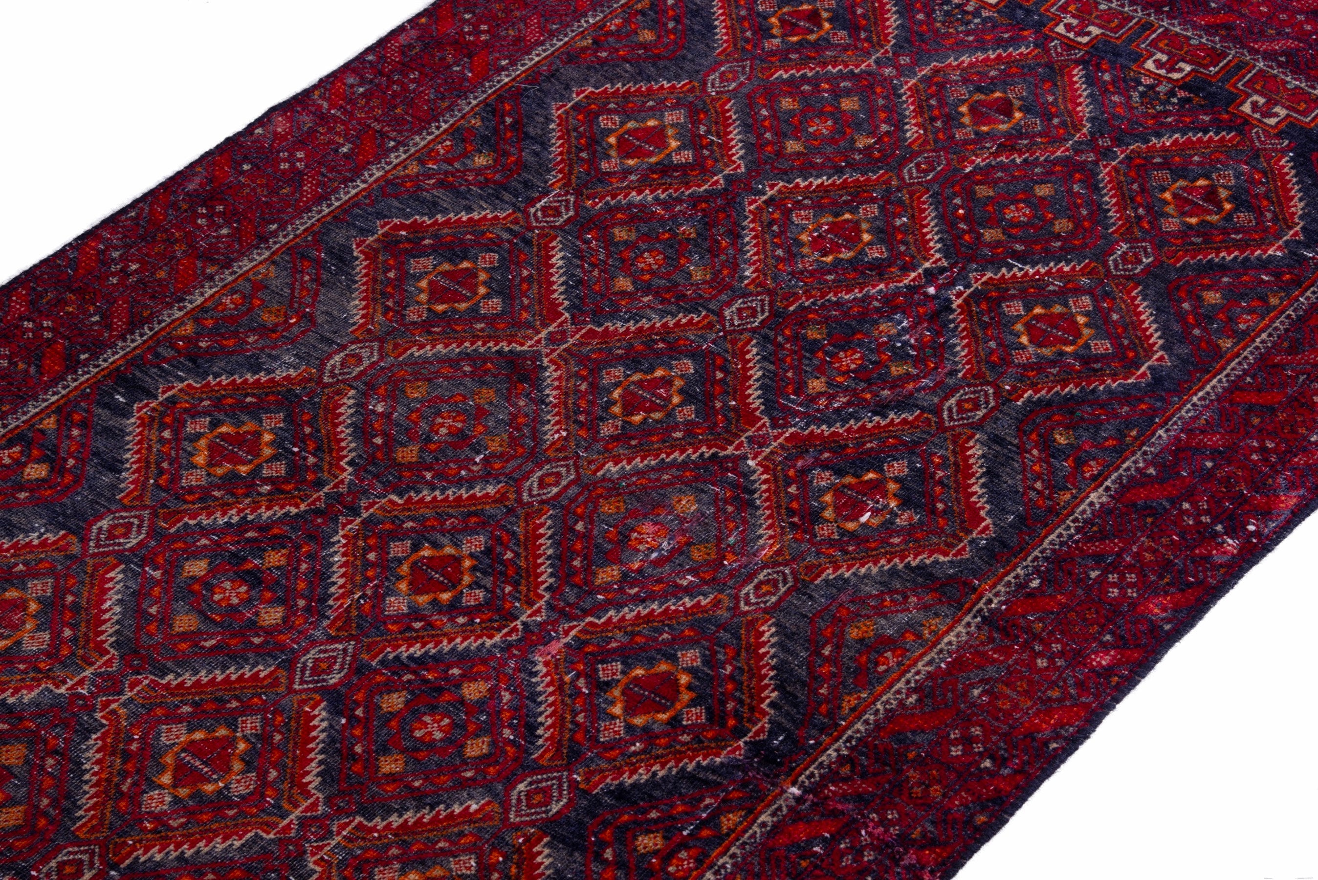 Persian Baluch accent rug in deep red and dark blue, view 6 of 15