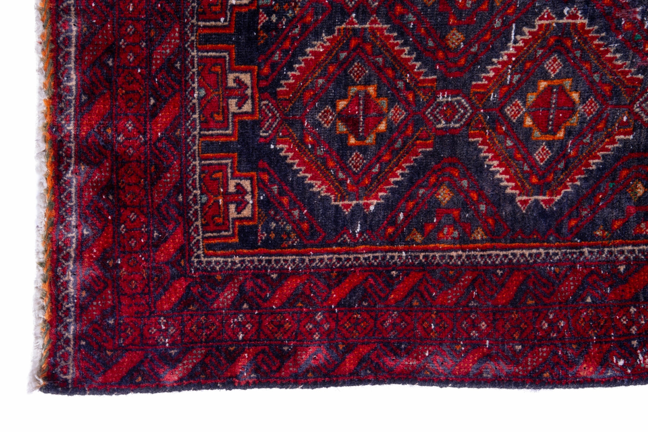 Persian Baluch accent rug in deep red and dark blue, view 5 of 15
