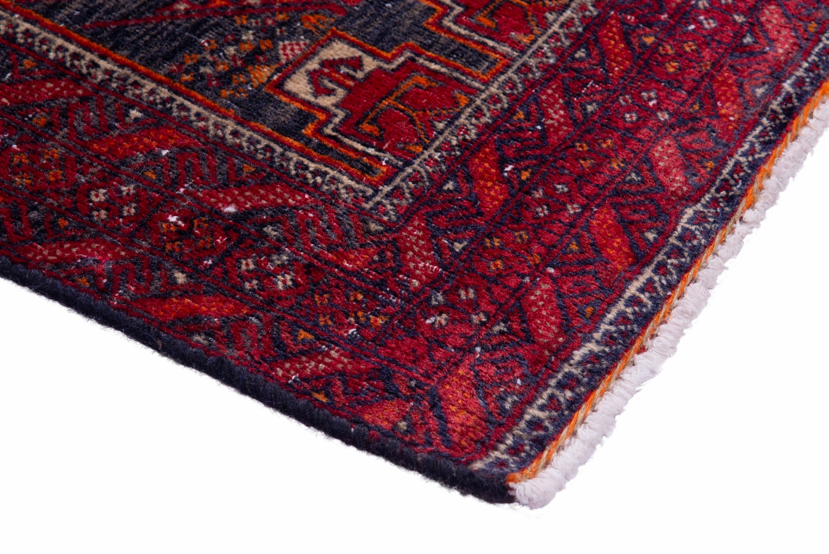 Persian Baluch accent rug in deep red and dark blue, view 4 of 15