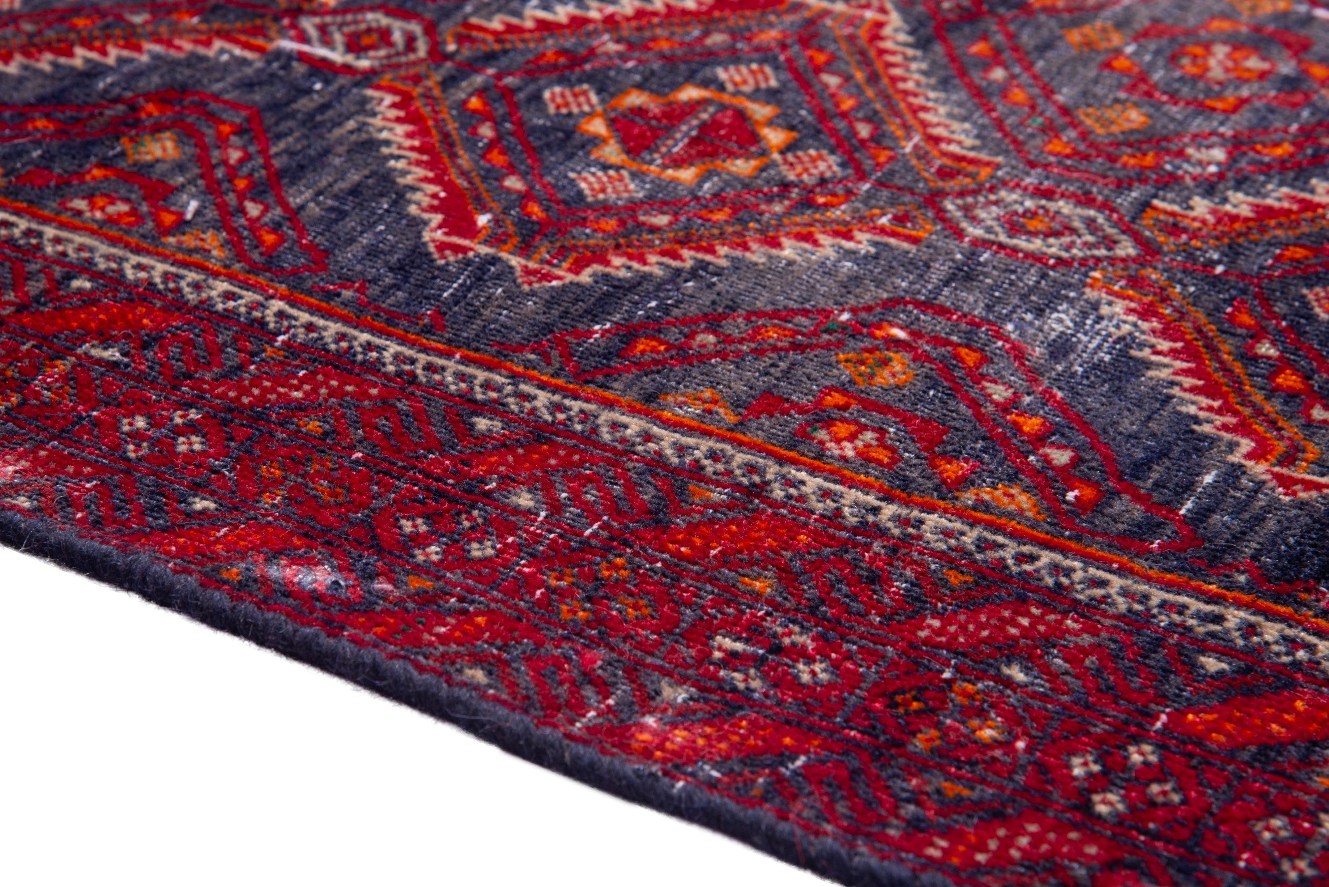 Persian Baluch accent rug in deep red and dark blue, view 8 of 15