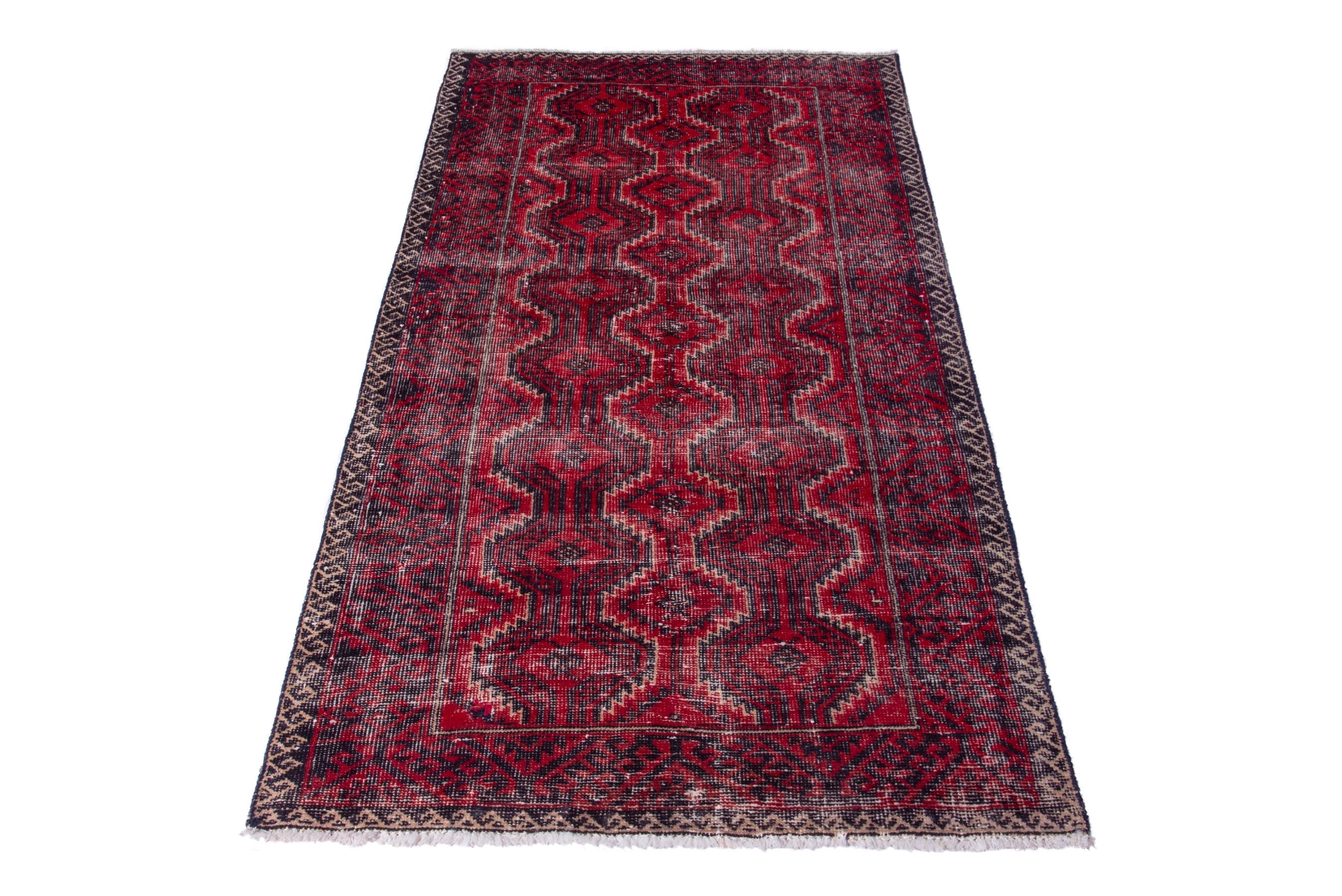 Persian Baluch runner rug in deep red and faded red, view 3 of 17
