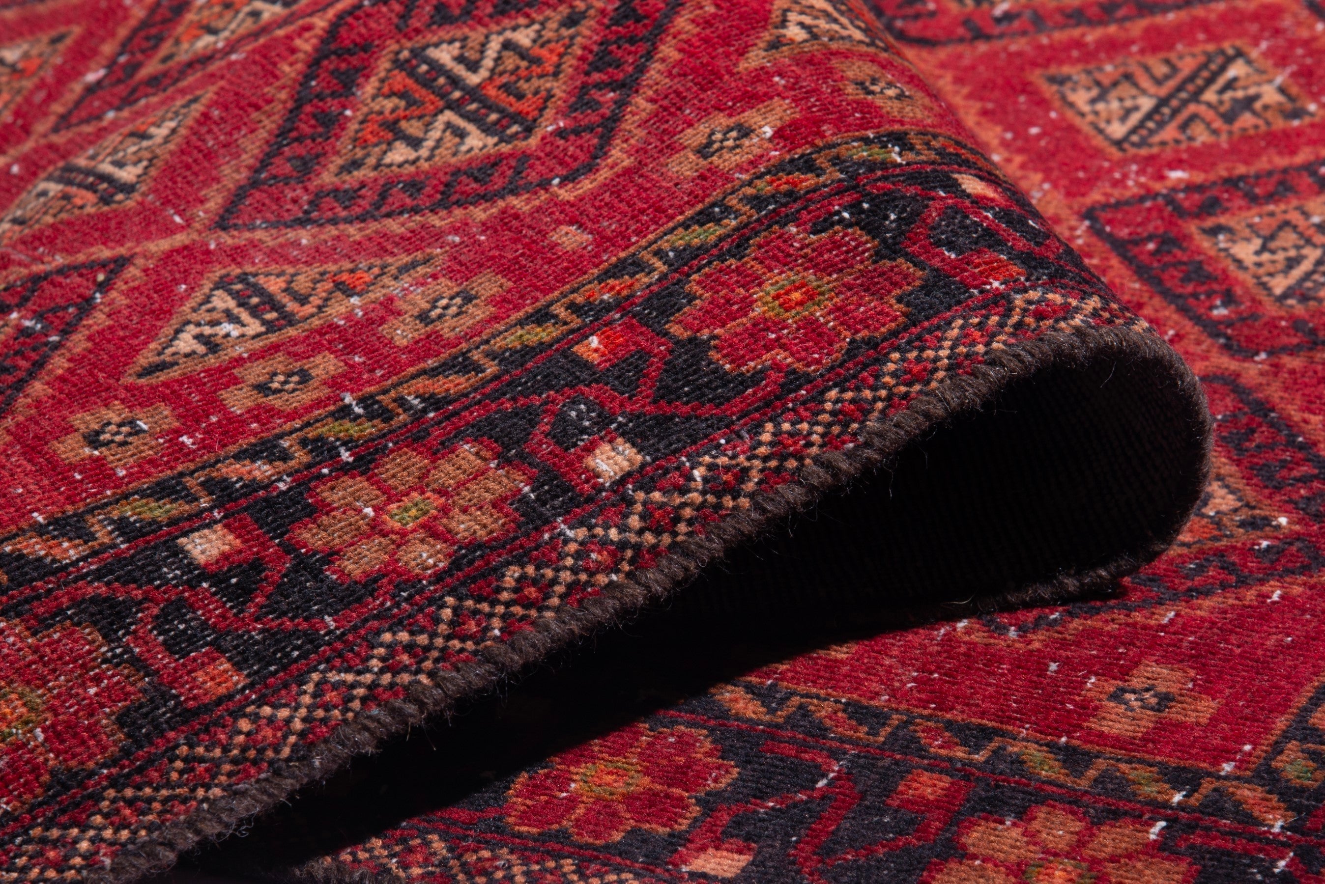 Persian Baluch accent rug in deep red and gold, view 17 of 20
