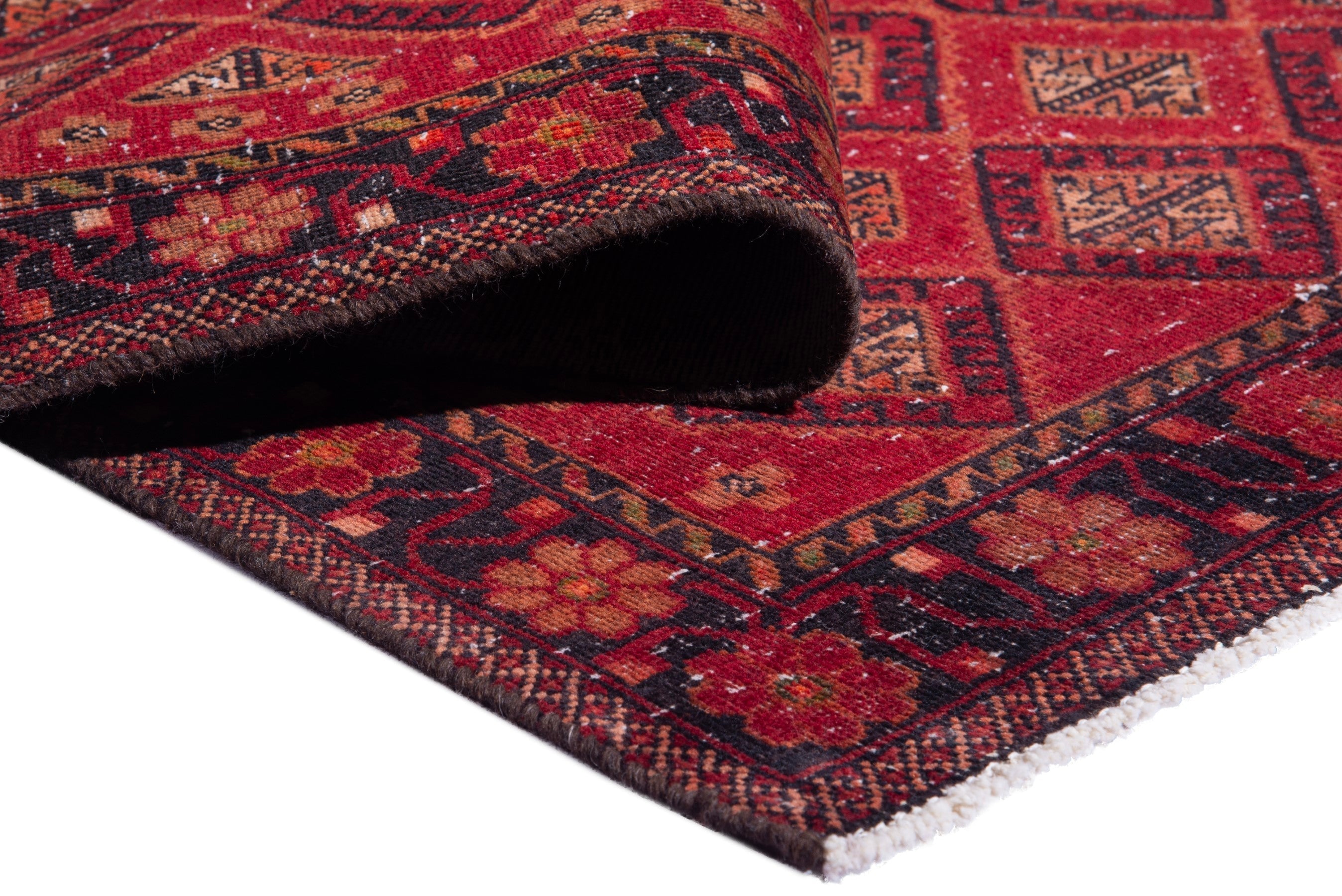 Persian Baluch accent rug in deep red and gold, view 19 of 20