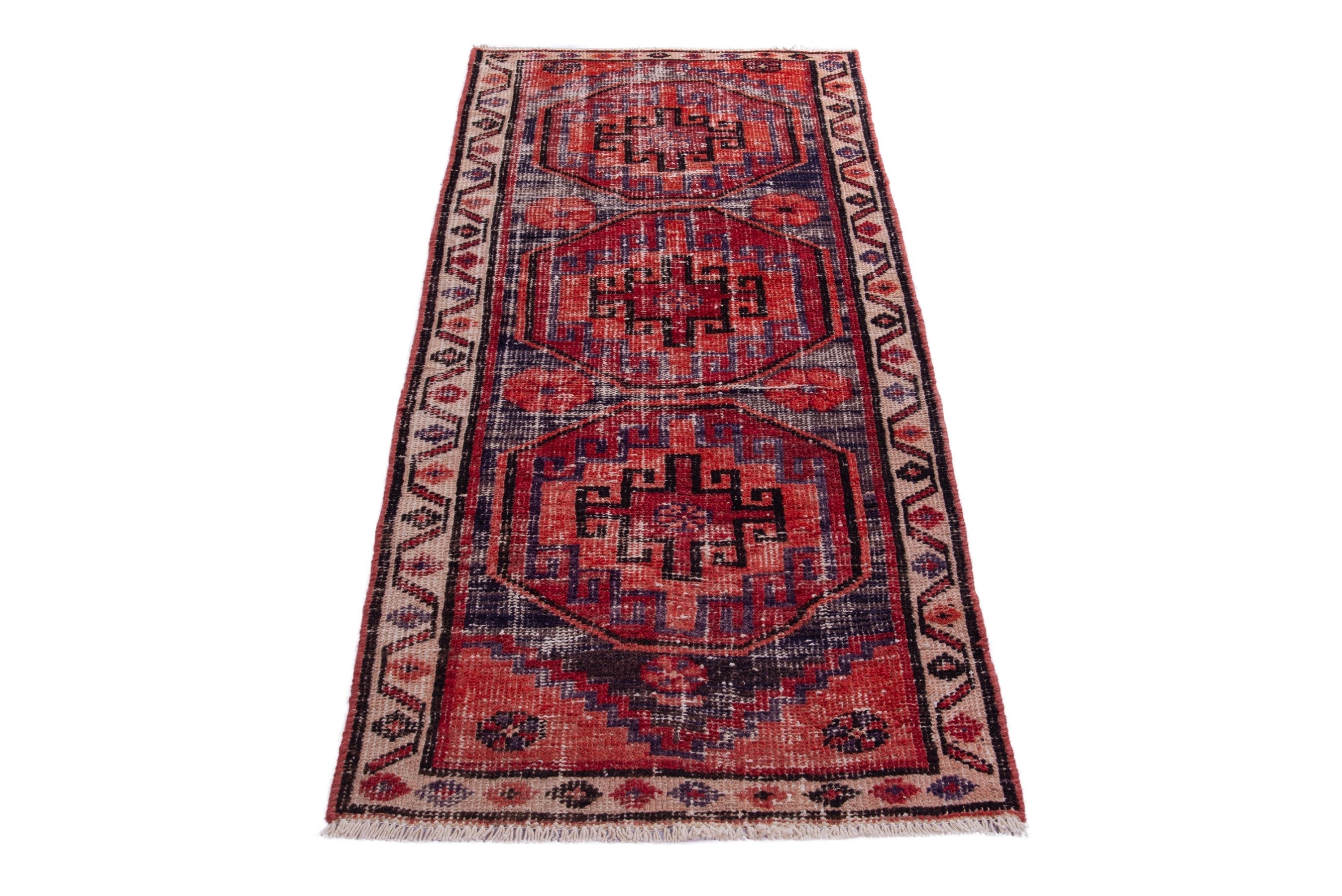 Persian Zanjan runner rug in deep red and cream, view 2 of 17