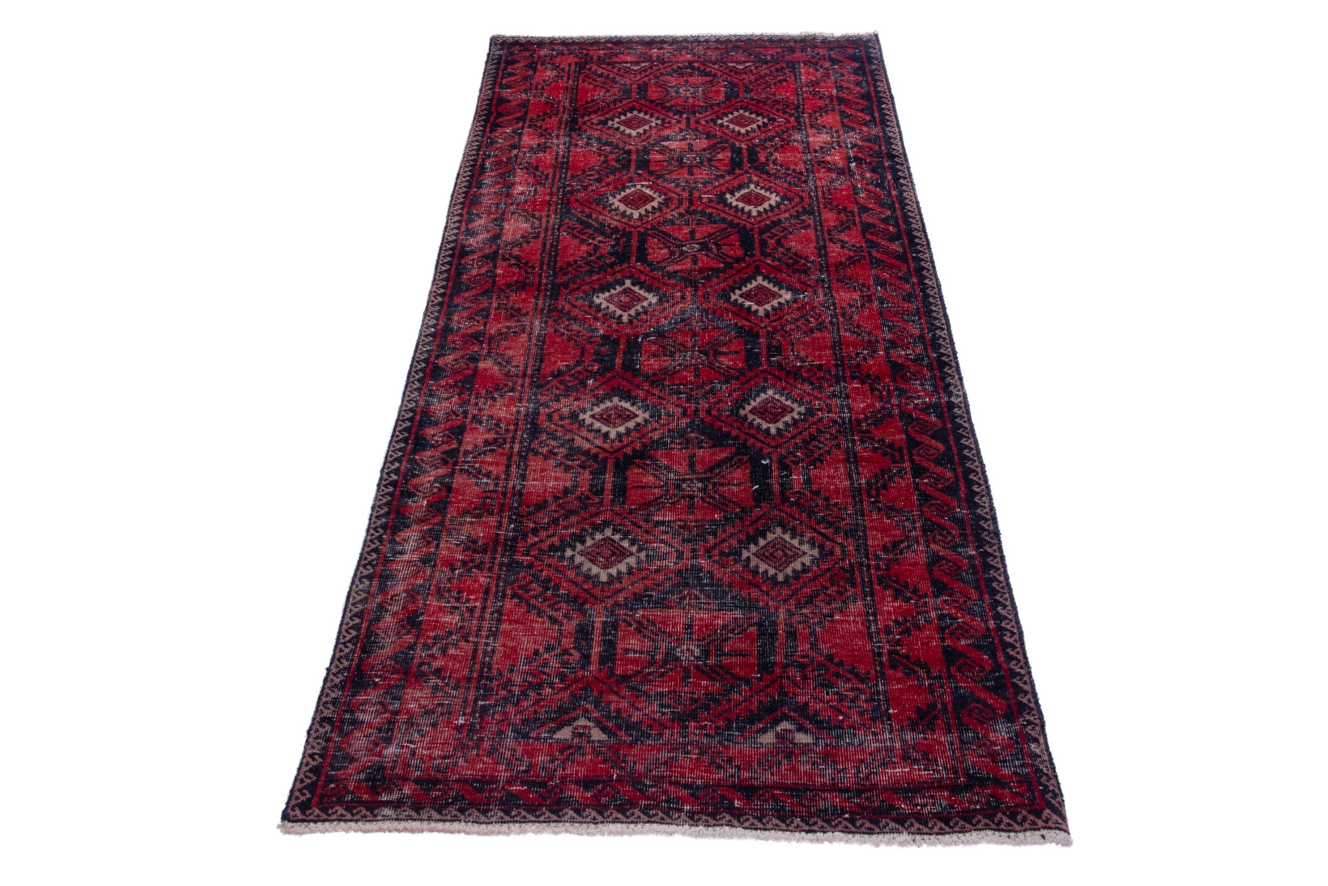 Persian Baluch runner rug in deep red and burgundy, view 2 of 18