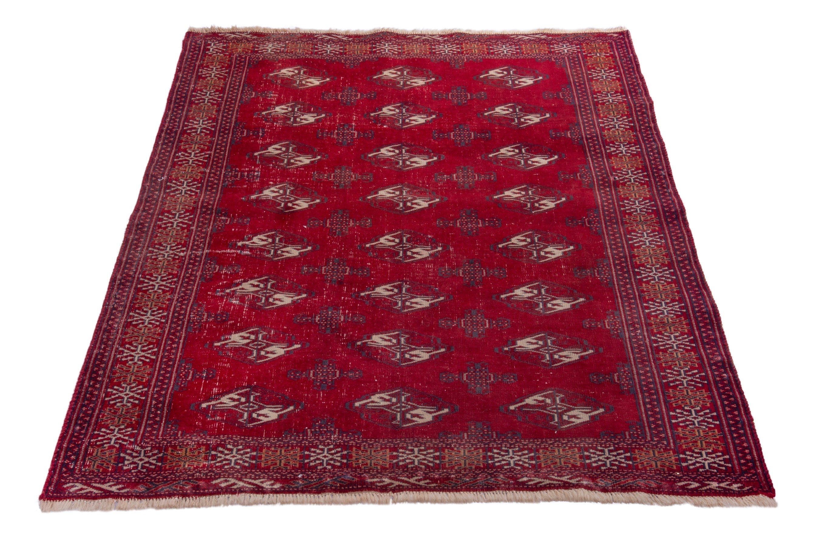 Persian Torkaman accent rug in deep red and cream, view 2 of 16