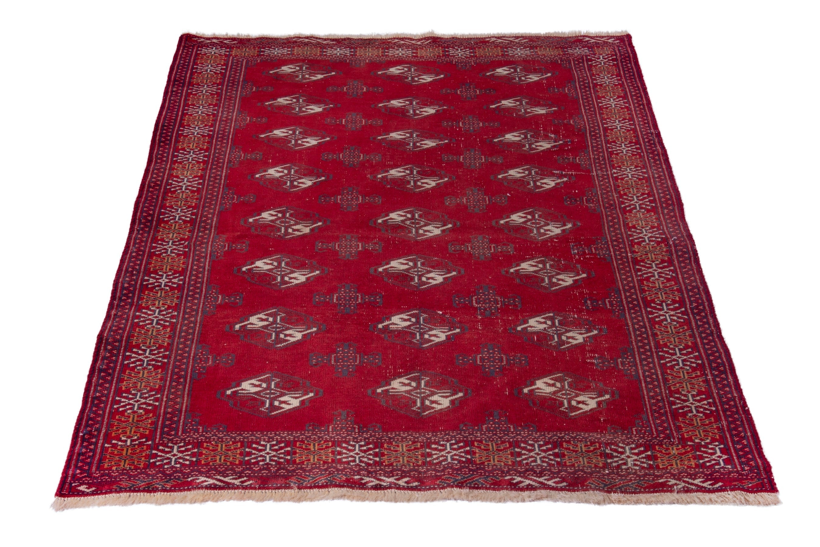 Persian Torkaman accent rug in deep red and cream, view 3 of 16