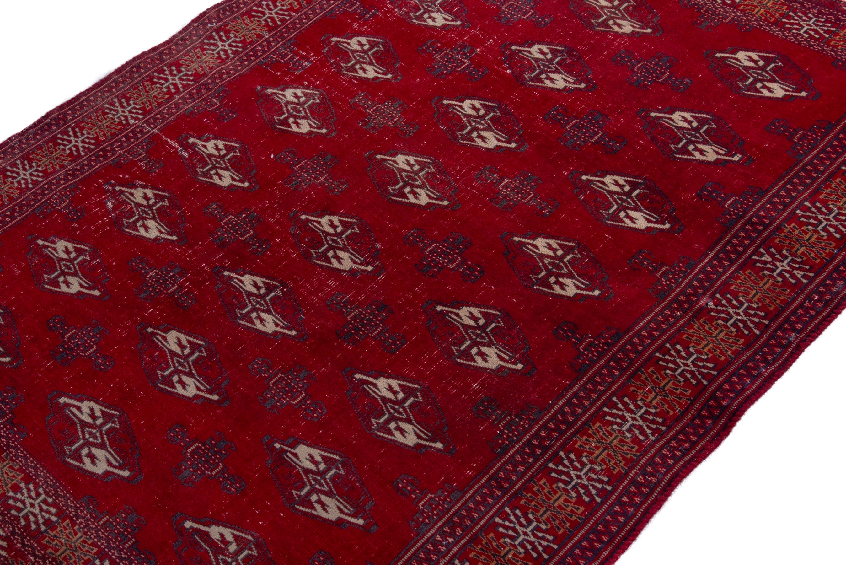 Persian Torkaman accent rug in deep red and cream, view 6 of 16