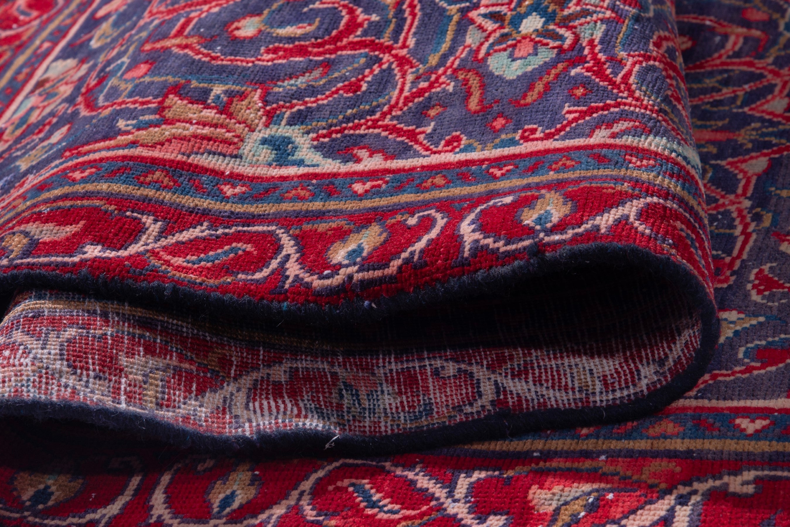 Persian Arak accent rug in deep red and navy, view 16 of 18