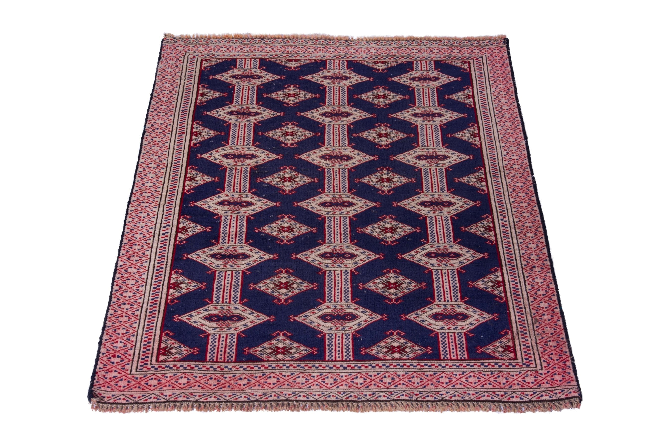 Persian Torkaman accent rug in navy and rose, view 3 of 15