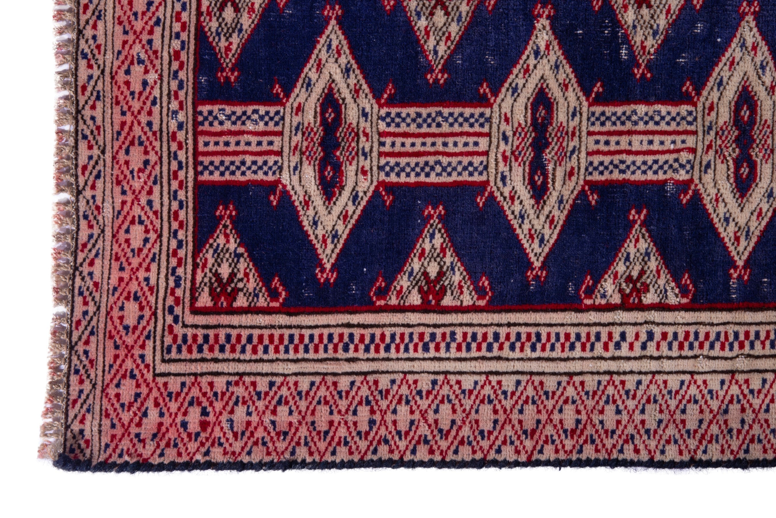 Persian Torkaman accent rug in navy and rose, view 5 of 15