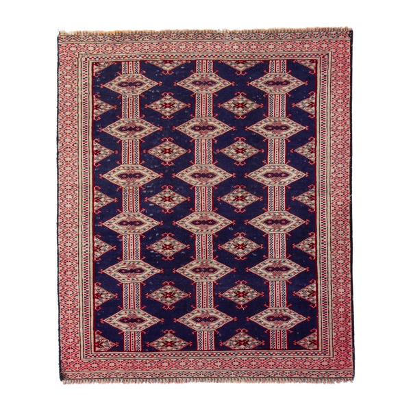 Persian Torkaman accent rug in navy and rose, 2'9" x 3'3"