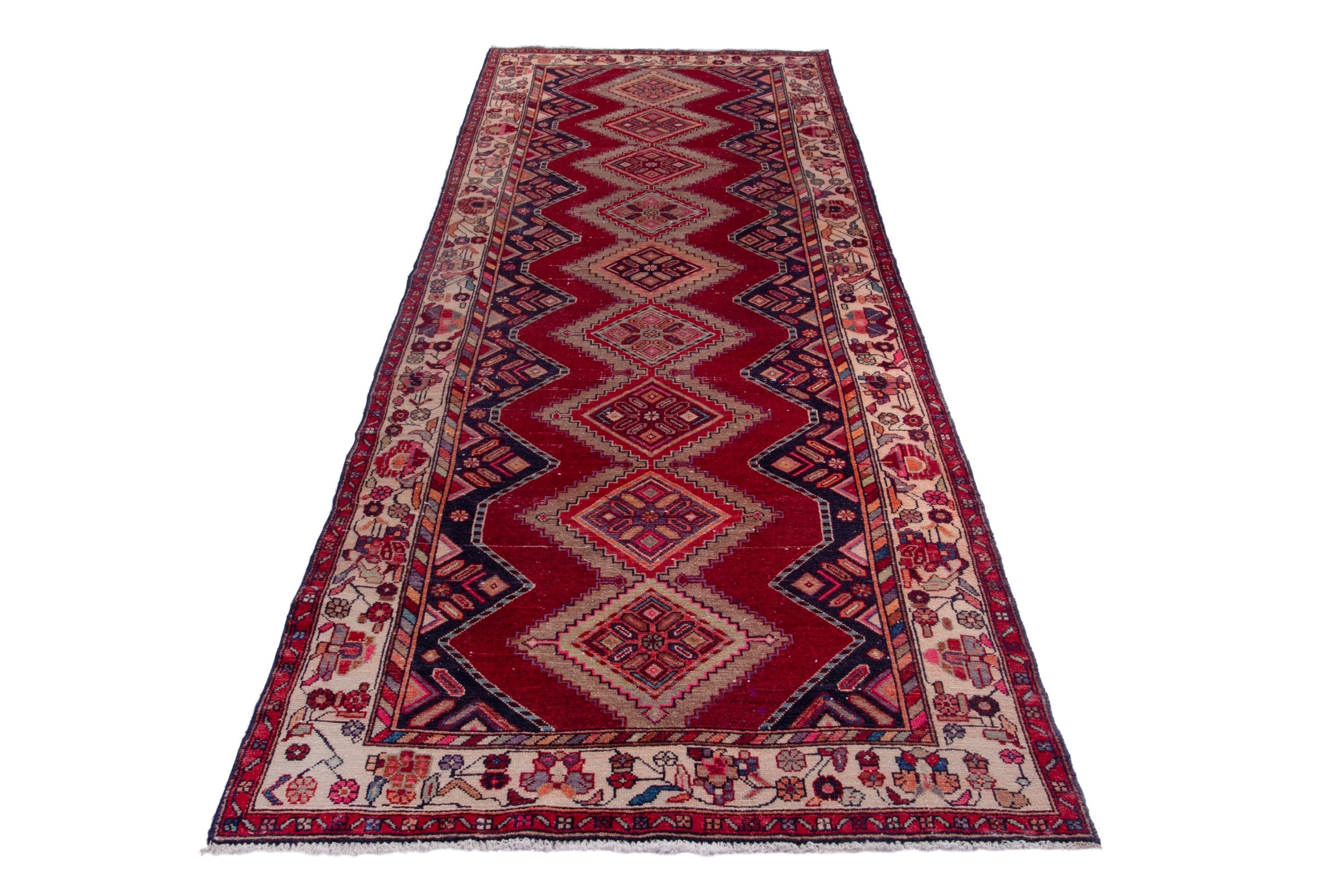 Persian Hamedan runner rug in deep red and ivory, view 2 of 18